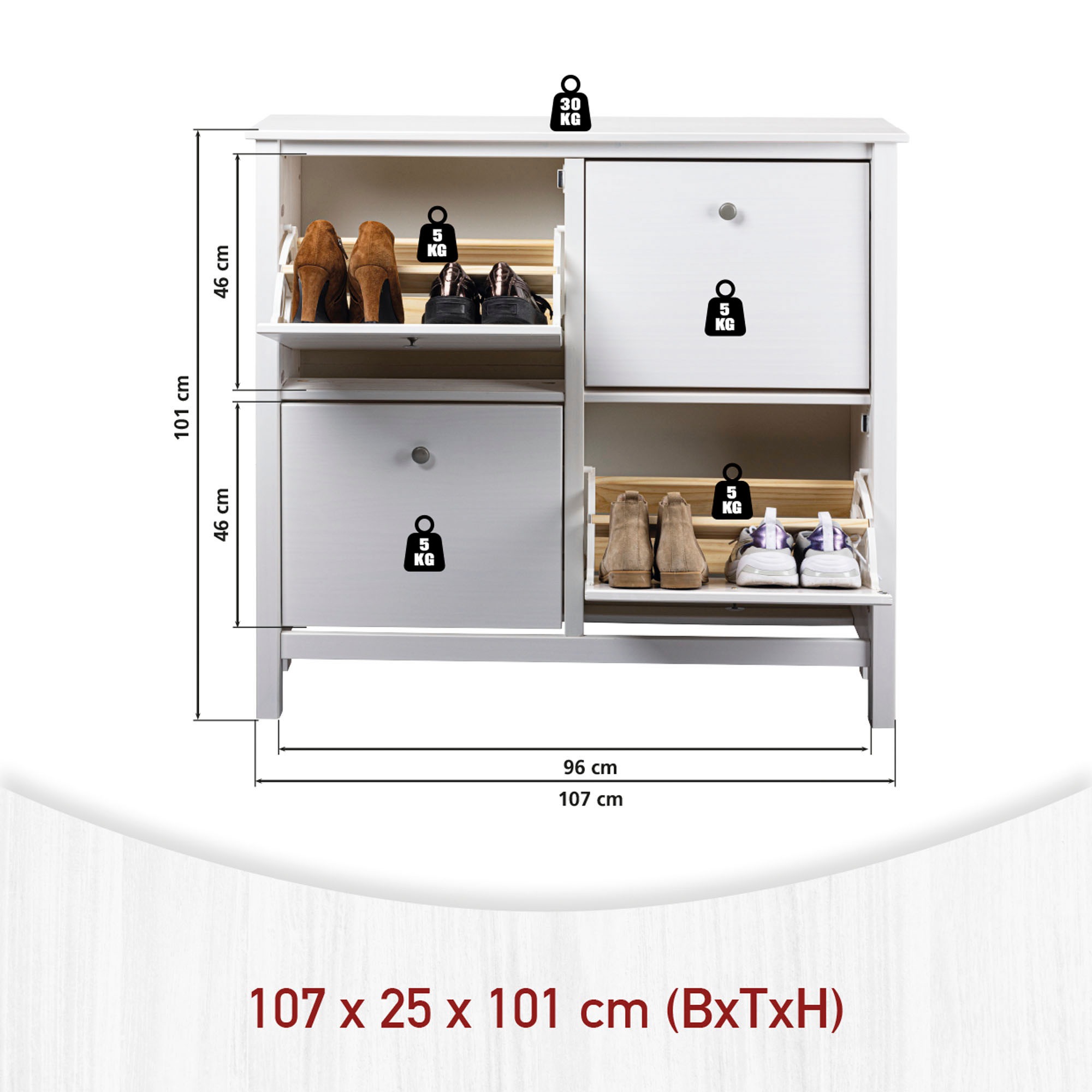 Inter Link Schuhkipper »Pinora, Kiefer Massivholz, Weiss, 107 x 25 x 101 cm, 16 paar Schuhe« 1 Stk. tlg. Schuhschrank im modernem Skandi Look, 4 Klappen, Schuhkommode