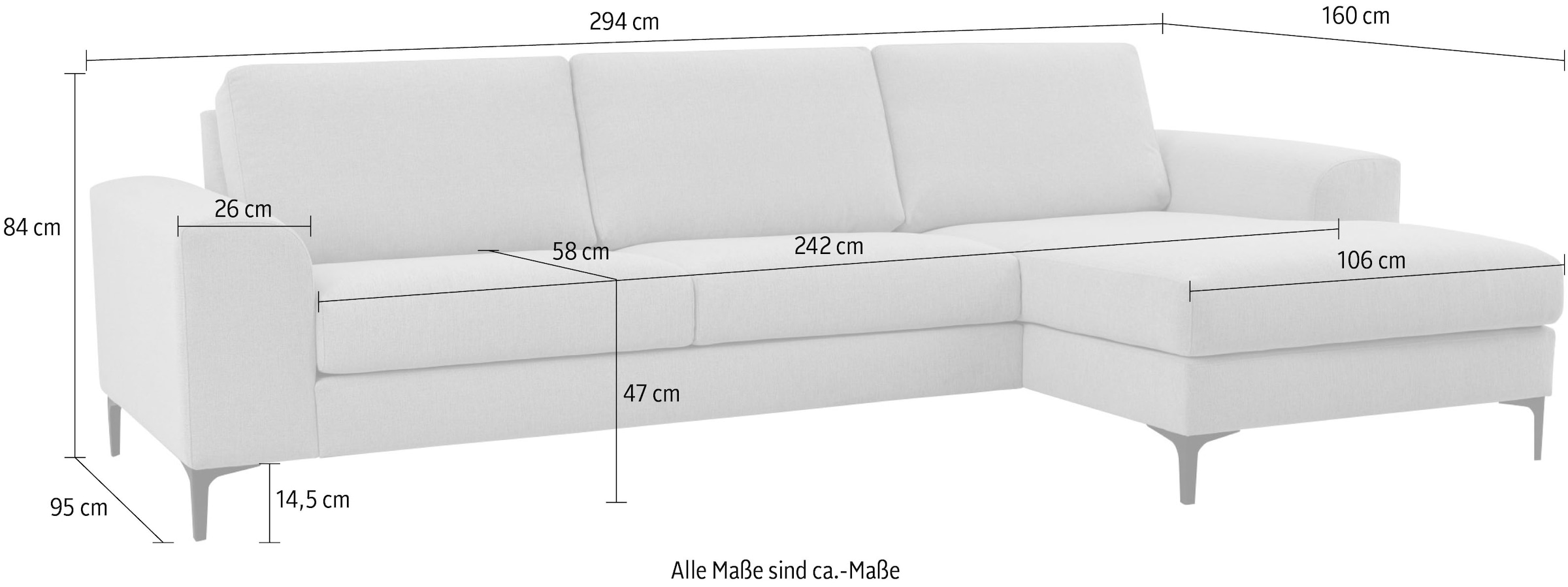 OTTO home Ecksofa »Henry, L-Form, Breite 294 cm« mit Metallbeinen, Wellenunterfederung, wasserabweisender Stoff