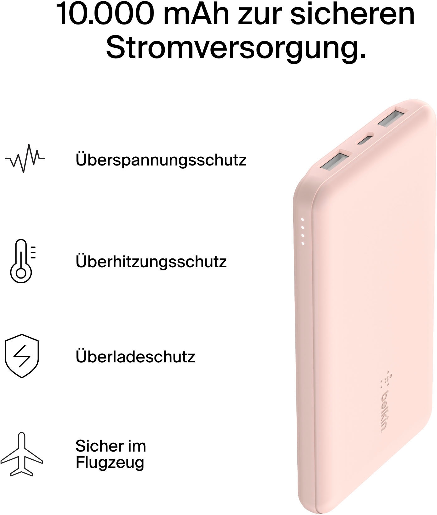 Belkin Powerbank »BoostCharge 10.000mAh Powerbank 15 Watt zum Laden von 3 Geräten«, 10000 mAh, 1x USB-C, 2x USB-A, Power für bis zu 40 Stunden