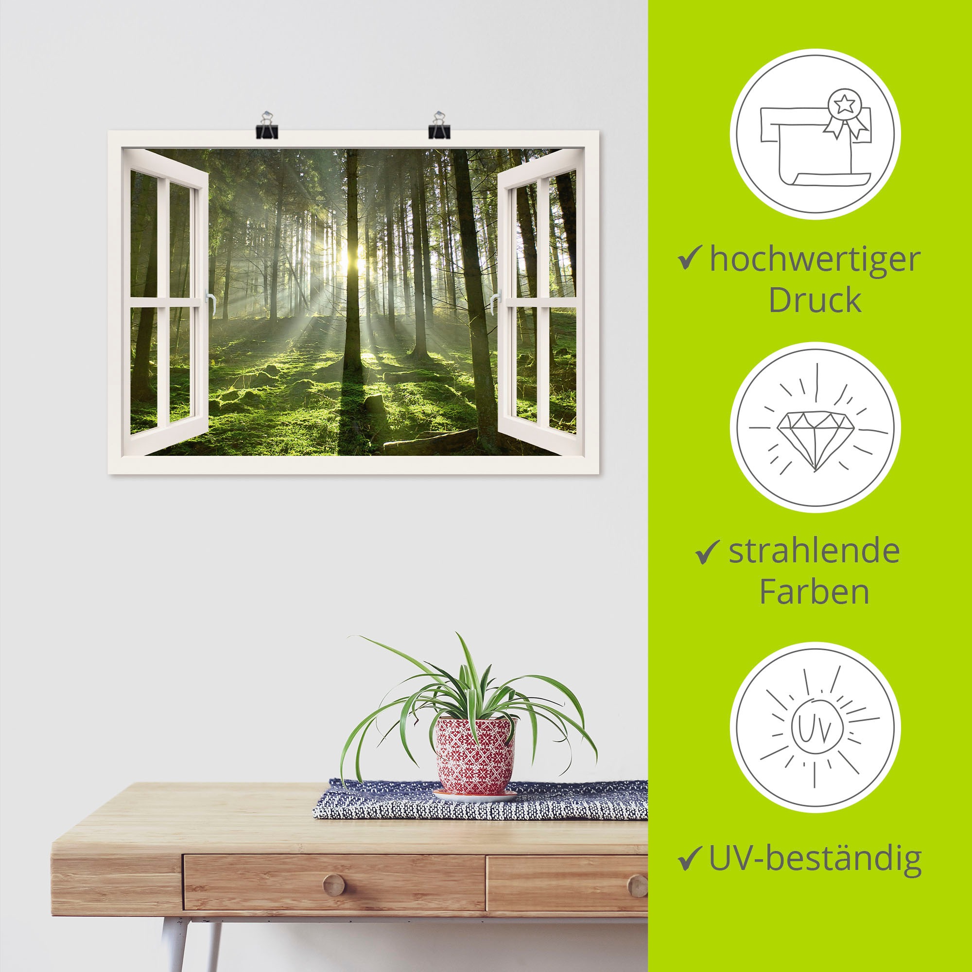 Artland Wandbild »Fensterblick - Wald im Gegenlicht«, Fensterblick, (1 St.), als Poster, Wandaufkleber in verschied. Größen