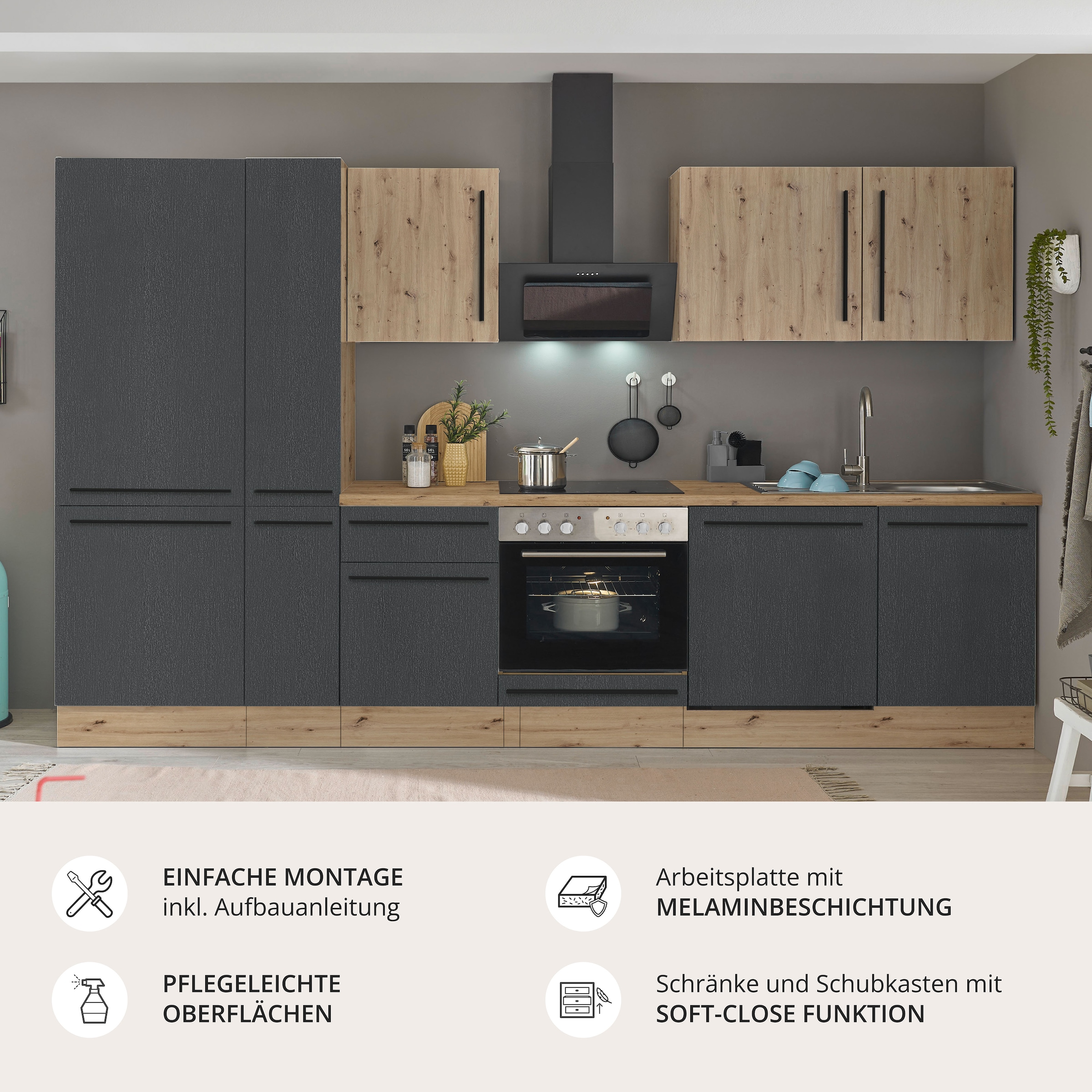 KOCHSTATION Küchenzeile »Florida« Breite 310 cm, wahlweise mit E-Geräten,Softclose für Türen/Schubkästen