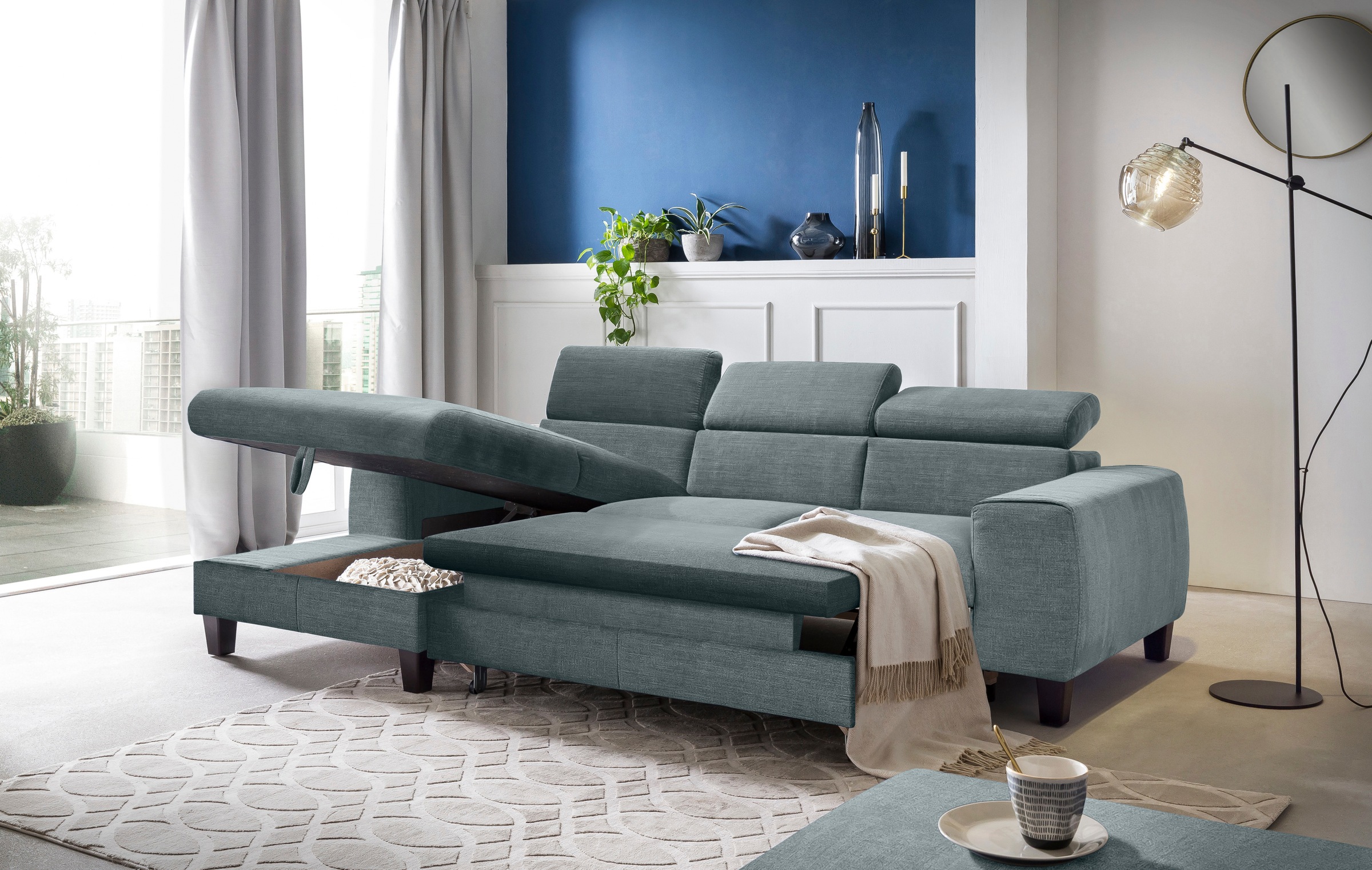 COTTA Ecksofa »Morven L-Form mit Kopfteilverstellung«, wahlweise mit Bettfunktion, Bettkasten & Wireless-Charger