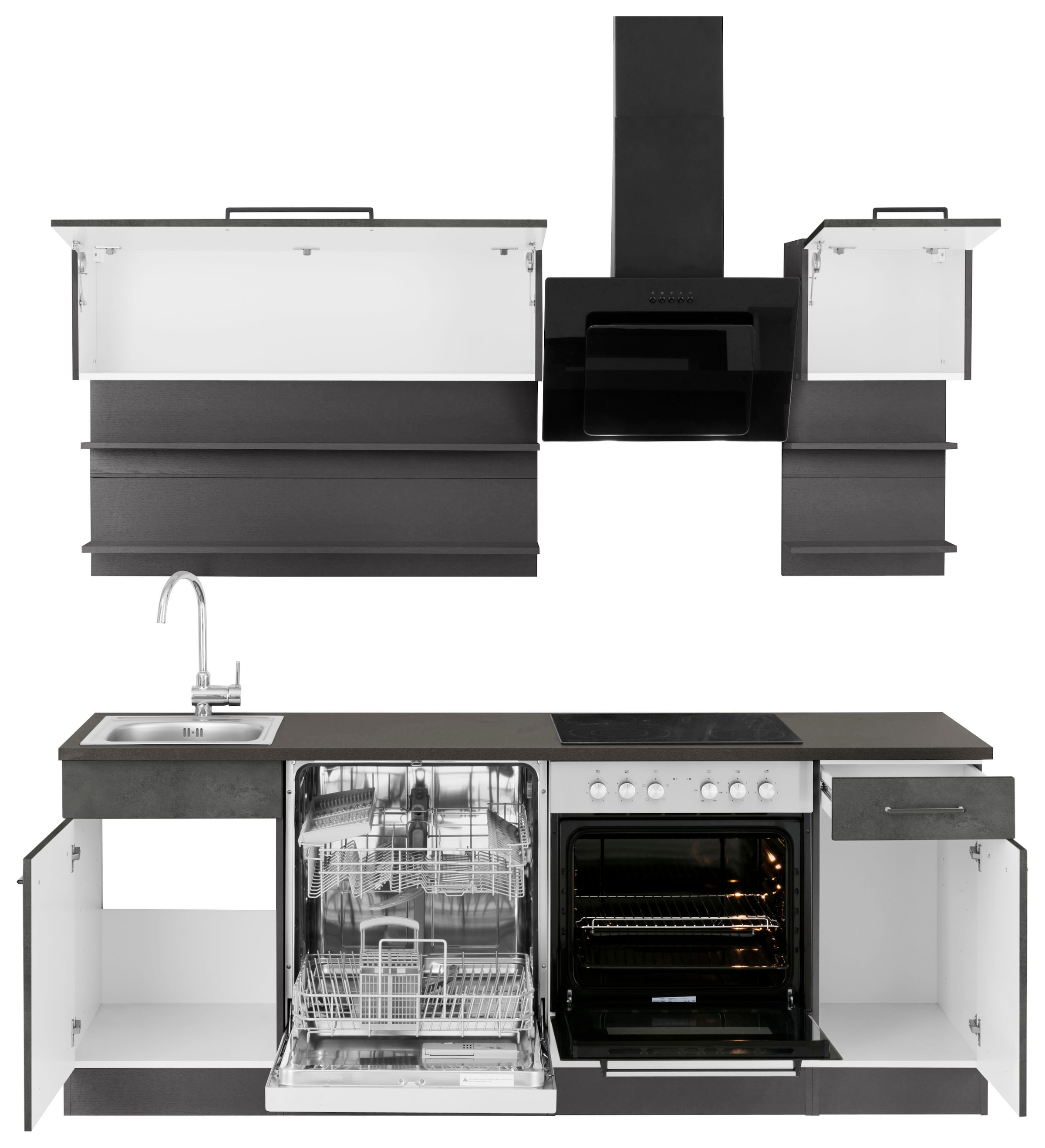 KOCHSTATION Küchenzeile »KS-Tulsa«, mit E-Geräten, Breite 210 cm, schwarze Metallgriffe, MDF Fronten