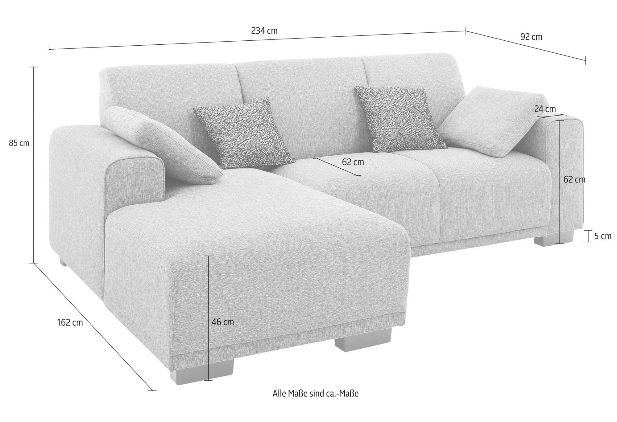Home affaire Ecksofa »BORNHOLM L-Form mit Recamiere, Maße B/T/H: 234/162/85 cm«, Recamiere links oder rechts bestellbar, Wellenfederung, inkl. 2 Kissen