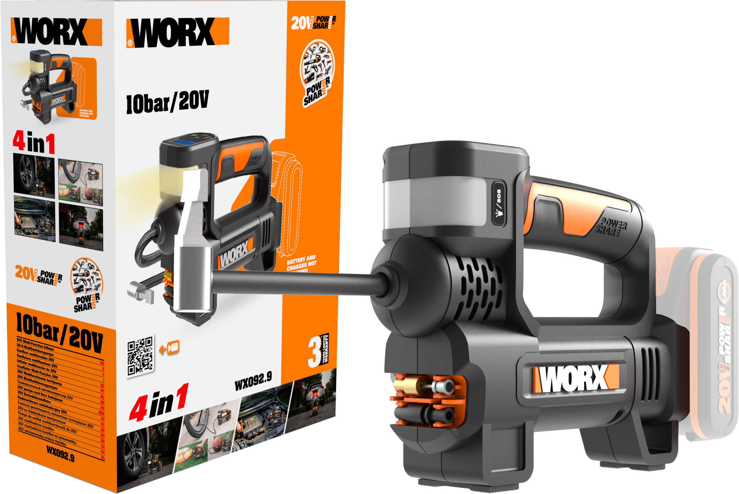 Worx Akku-Handkompressor »WX092.9«, 4-in-1, digitale Anzeige, Notfallhelfer, ohne Akku & Ladegerät