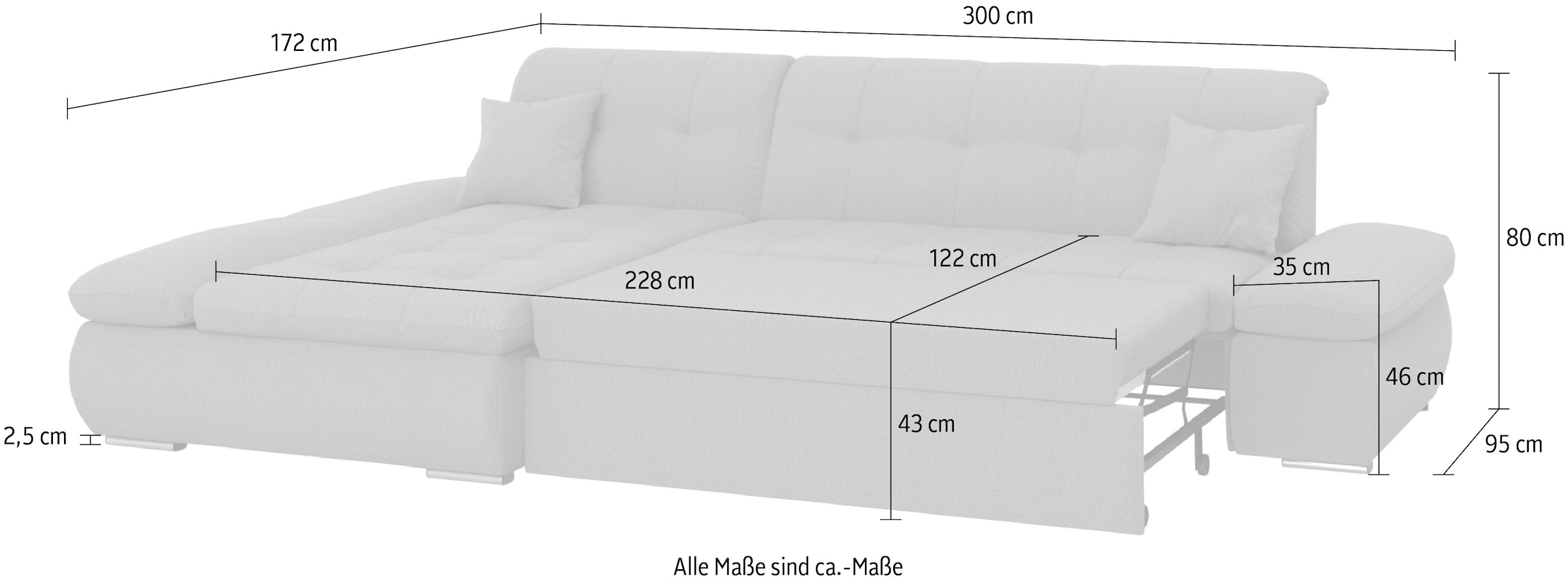 DOMO collection Ecksofa »Moric, L-Form, XXL-Sofa - Breite 300cm«, wahlweise mit Bettfunktion und Armteilverstellung, dunkelgrün