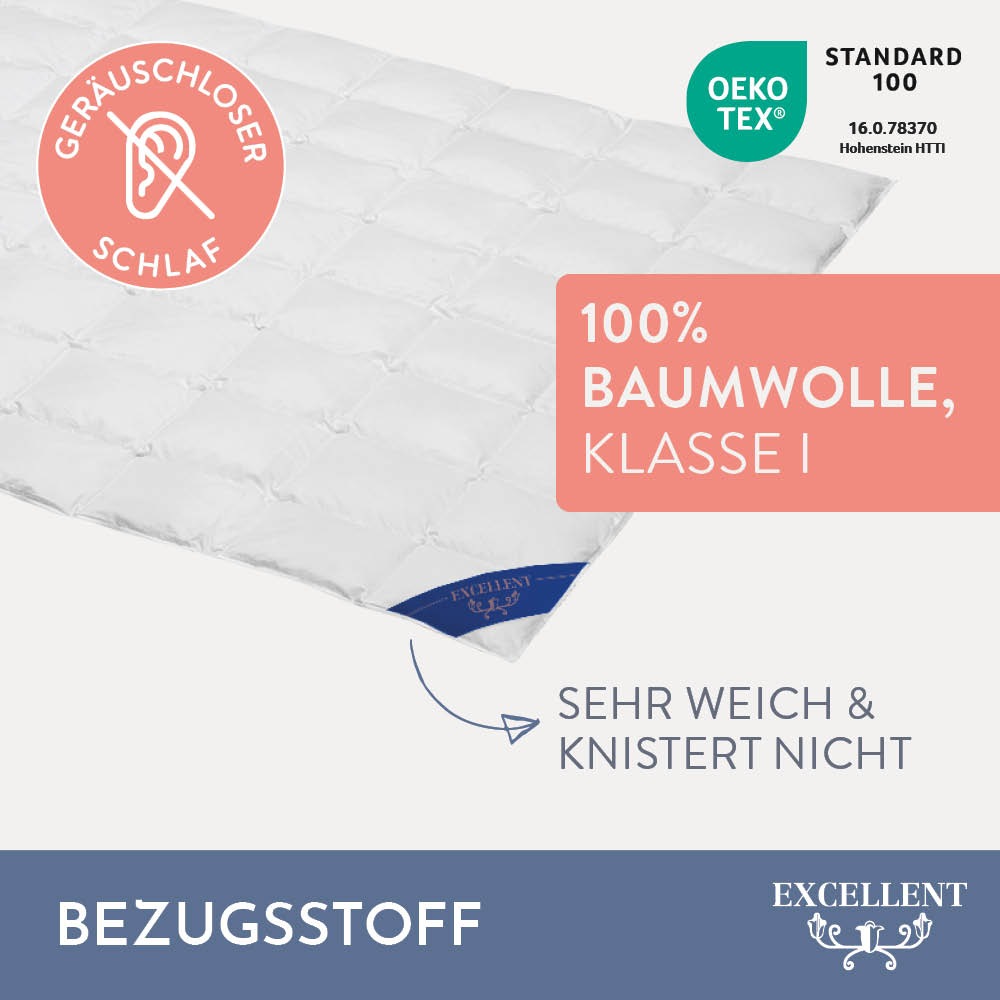Excellent Daunenbettdecke »Wien, Bettdecken für Sommer und Winter, Decke«, extraleicht, Füllung 90% Daunen, 10% Federn, Bezug 100% Baumwolle, (1 St.), Bettdecke 135x200 cm, made in Germany, allergiker geeignet (Hausstaub)
