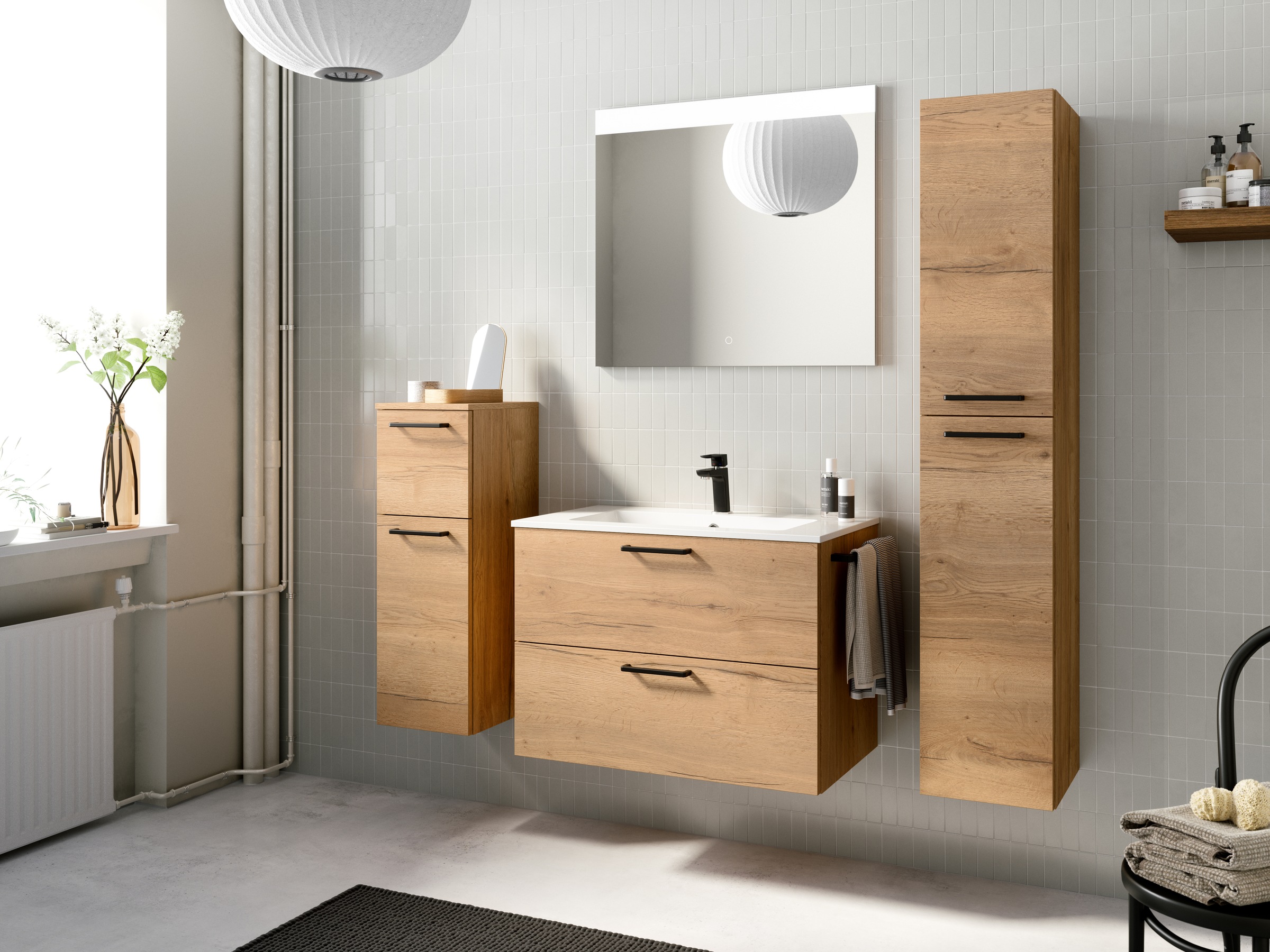 nobilia® Badmöbel-Set »Tolvina«, (4 St., vormontiert, mit Soft-Close), inkl. Spiegel mit Touch-Sensor, in vier Breiten