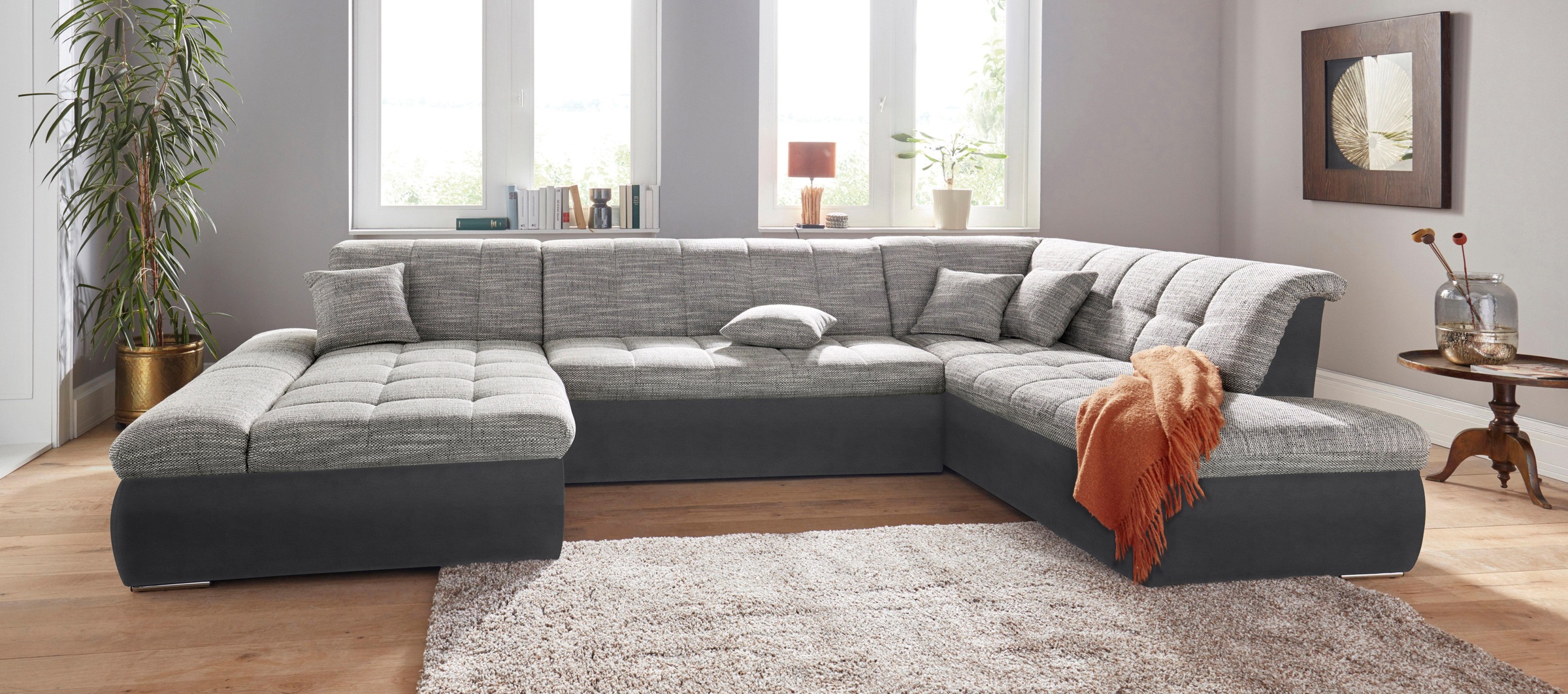 DOMO collection Wohnlandschaft »PB Moric wahlweise mit Bettfunktion und Armteilverstellung  U-Form«, XXL-Format B/T/H: 353/216/80 cm, feine Steppung, incl. Zierkissen