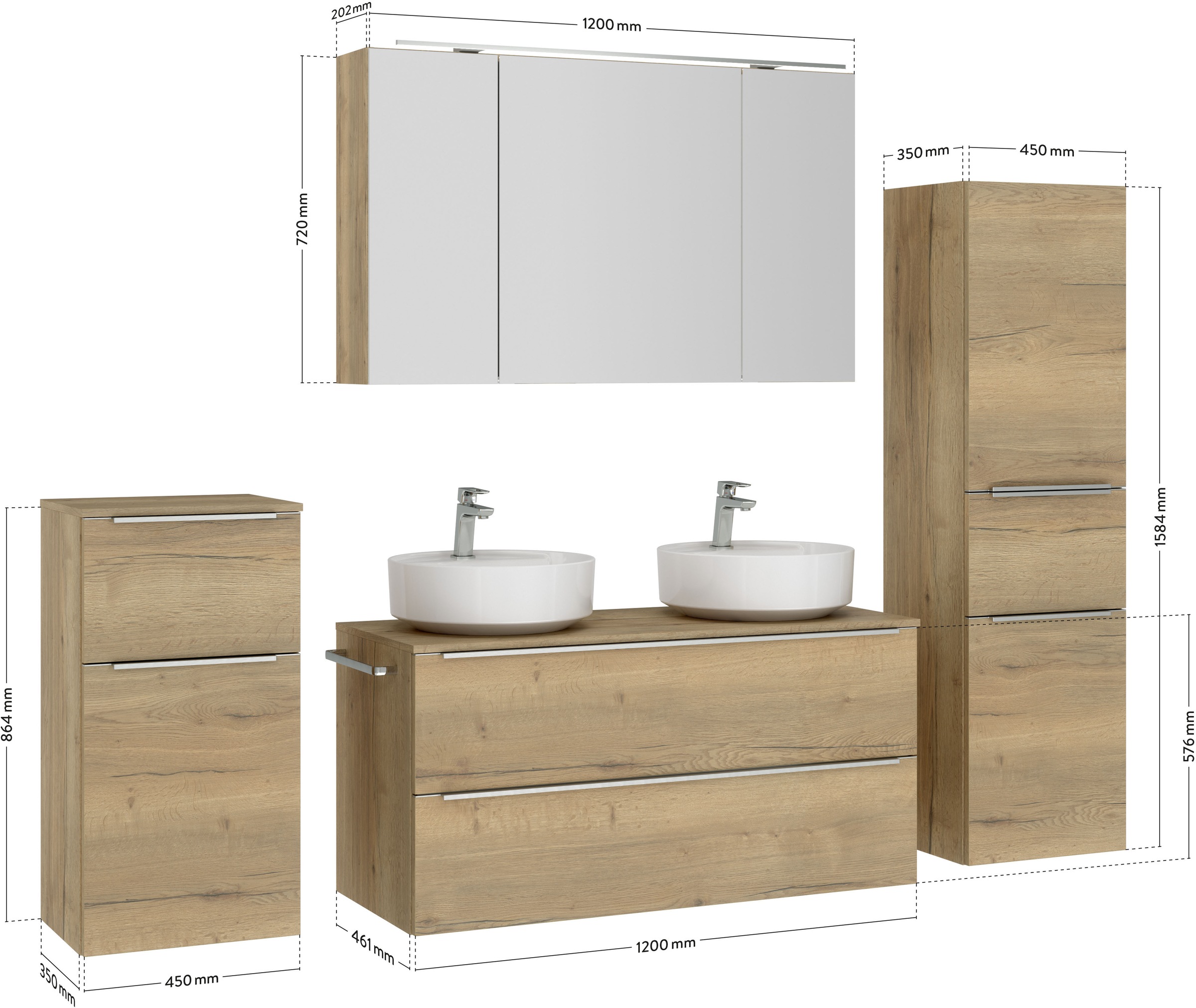 nobilia® Badmöbel-Set »Alvene«, (4 St., vormontiert, mit Soft-Close), inkl. Spiegelschrank mit Beleuchtung und Dimmerfunktion, in 4 Breiten