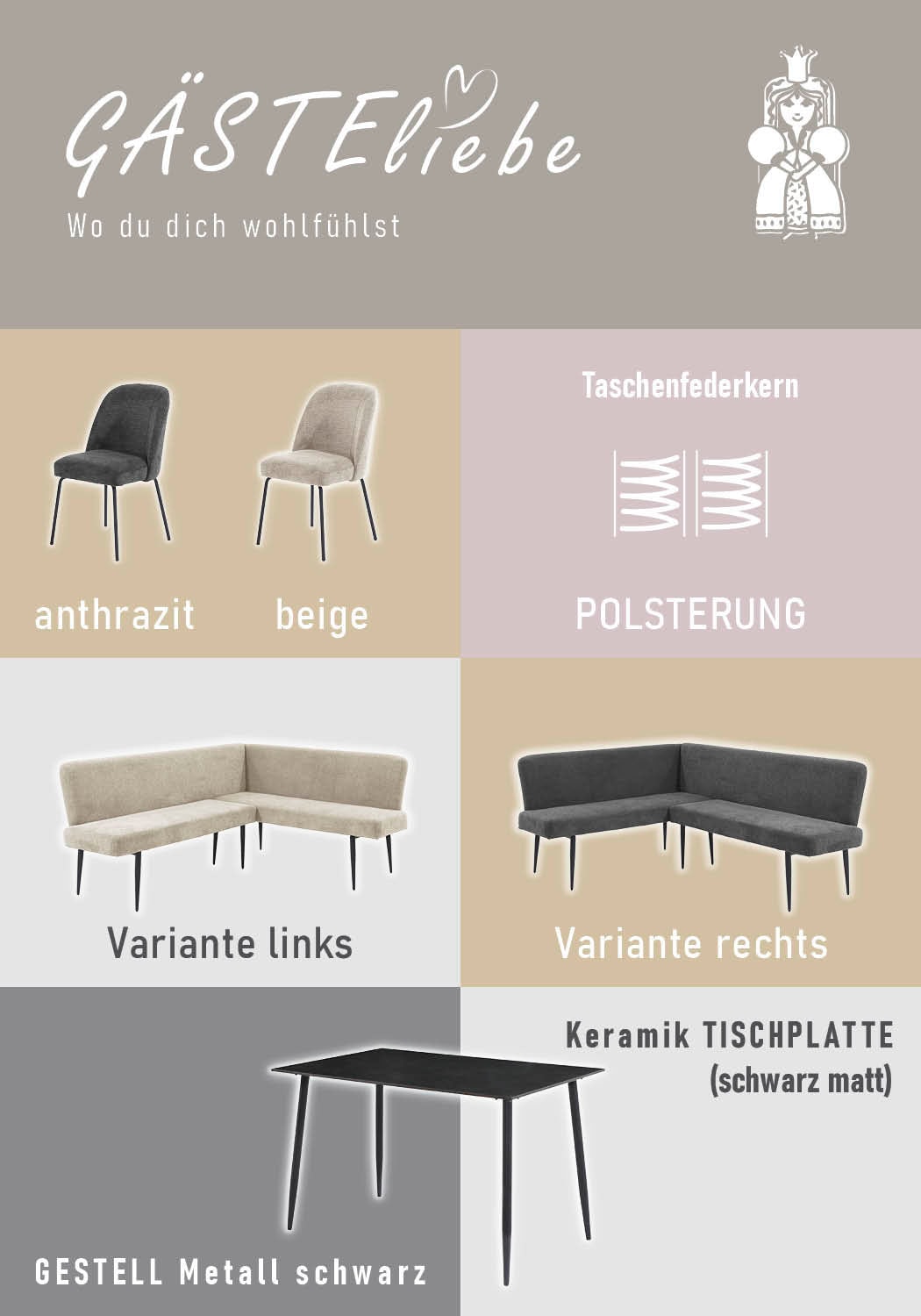 OTTO home Eckbankgruppe »Melvin (Set, 4-tlg. Tisch, Bank und 2 Stühle), Taschenfederkern« Tisch (120x75cm) schwarz, Bank und Stühle anthrazit oder beige