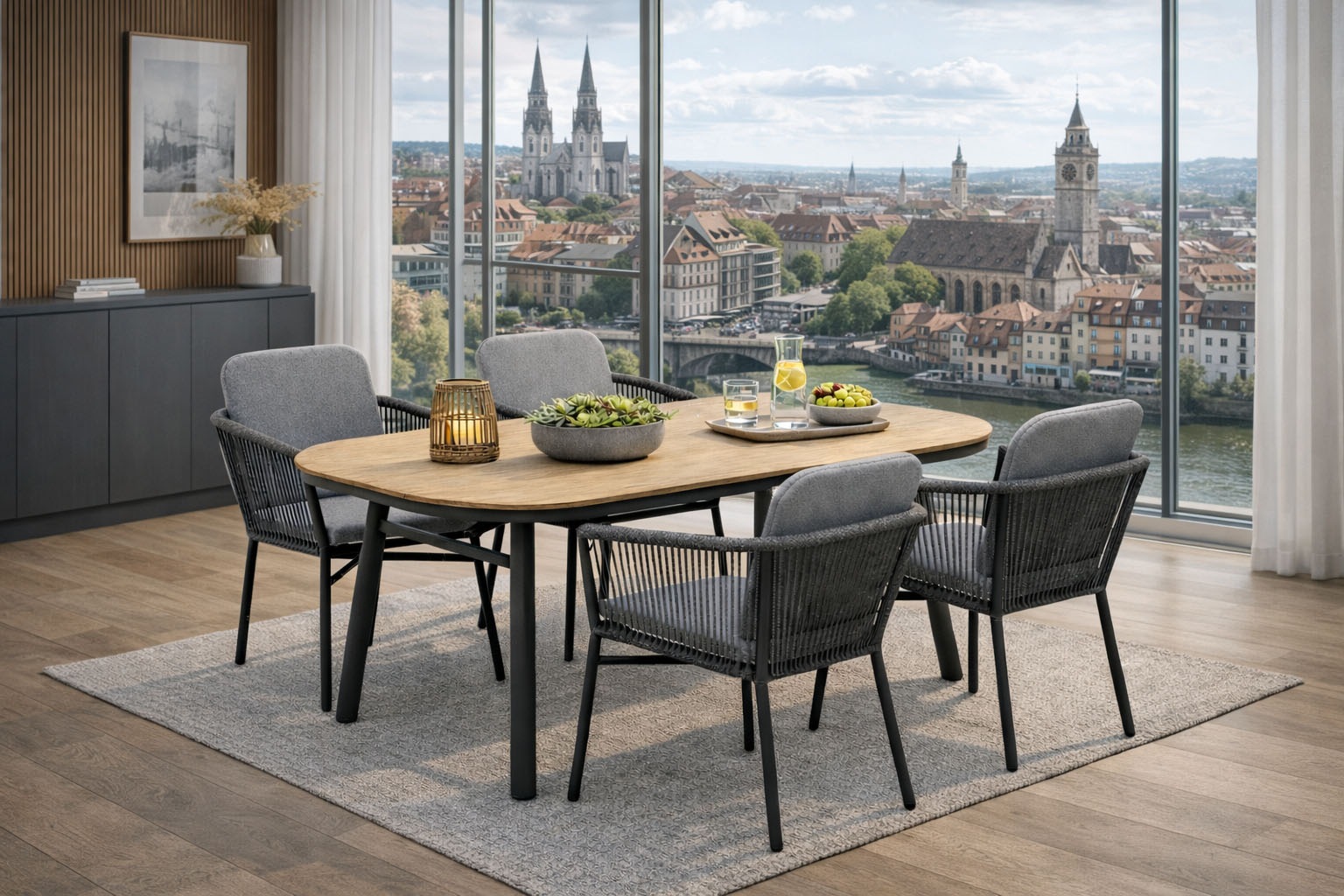 Destiny Garten-Essgruppe Set, 5 tlg. 1 Esstisch, 4 Sessel inkl Sitz- und Rückenauflagen