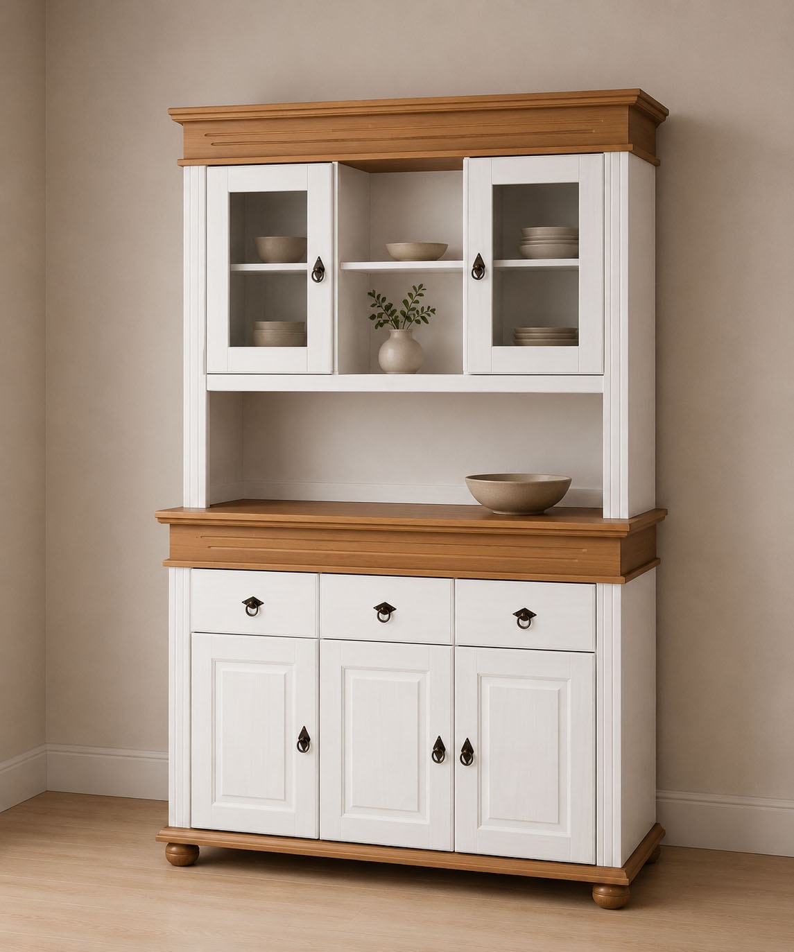 Inter Link Buffet »Halmaro, Kiefer Massivholz, Weiss/Grau-Lava, 141 x 46,30 x 213 cm« 1 Stk. tlg. Vitrine im Laudhausstil, Küchenschrank mit Glastüren, viel Stauraum