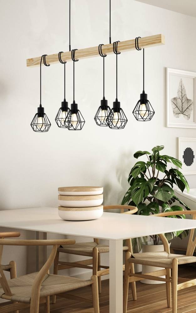 EGLO Hängeleuchte »TOWNSHEND 5 Hängelampe, Stahl und Holz, E27, IP20, Pendellampe, Lampe«, 6 flammig, Leuchtmittel E27 | ohne Leuchtmittel, Pendelleuchte, L100 x B20 x H110 cm, schwarz, braun, 6X60W exkl.