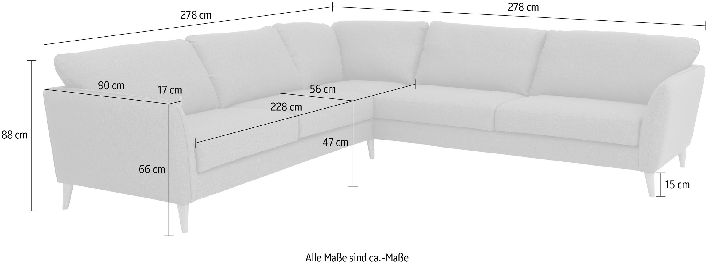 Home affaire Ecksofa »MARSEILLE 278/278 cm, L-Form, Webstoff, Flachgewebe, Filzoptik«, gleichschenklig, Massivholzbeine, Landhausstil, Wellenunterfederung