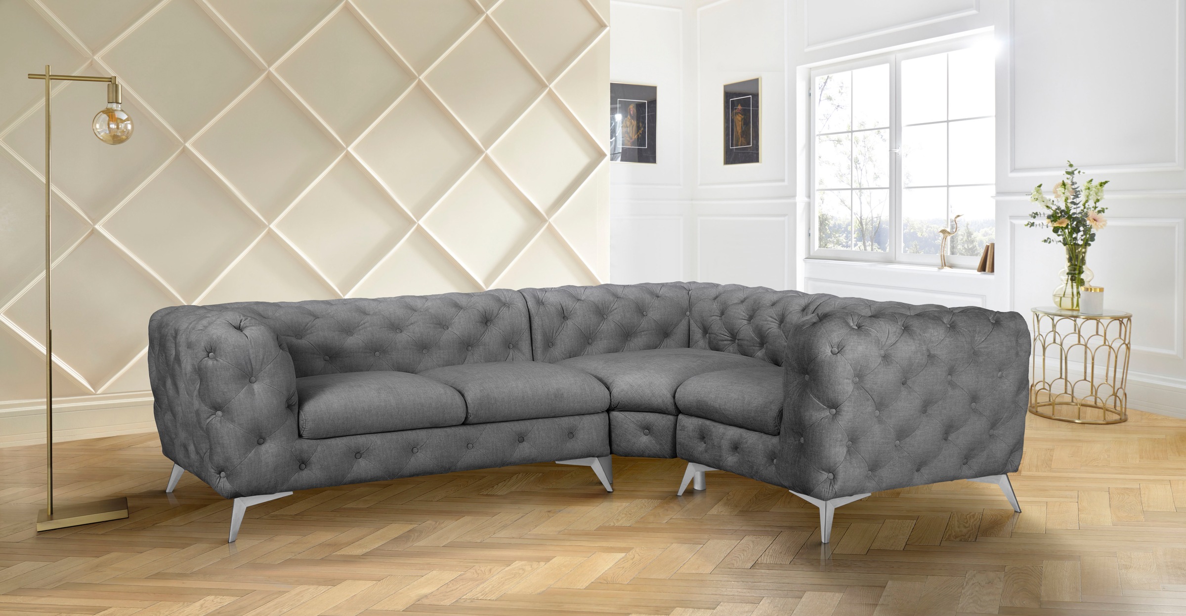 Leonique Chesterfield-Sofa »Ecksofa GLYNIS L-Form mit Wellenunterfederung, Maße B/T/H 264/204/75cm«, aufwändige Knopfheftung, moderne Chesterfield Optik, Fußfarbe wählbar