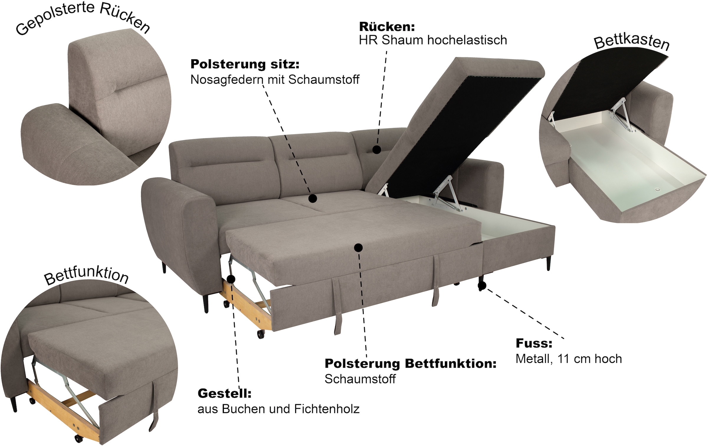 Trends by HG Ecksofa »Bella L-Form, B: 248 cm« mit Bettfunktion & Bettkasten