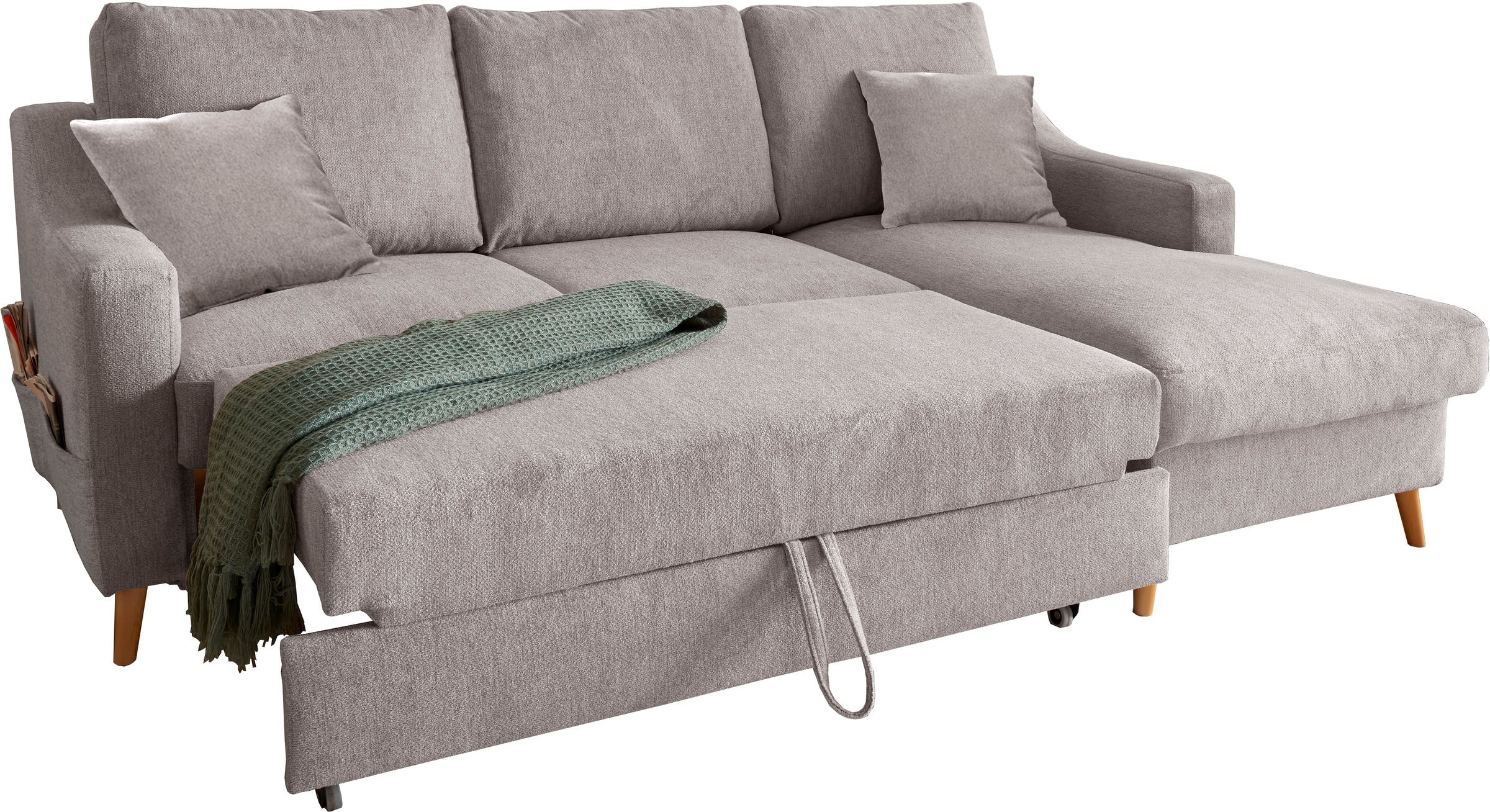 INOSIGN Ecksofa »Valentina L-Form«, 2 Zierkissen, mit Seitentasche, ausziehbarer Liegefläche, Bettkasten
