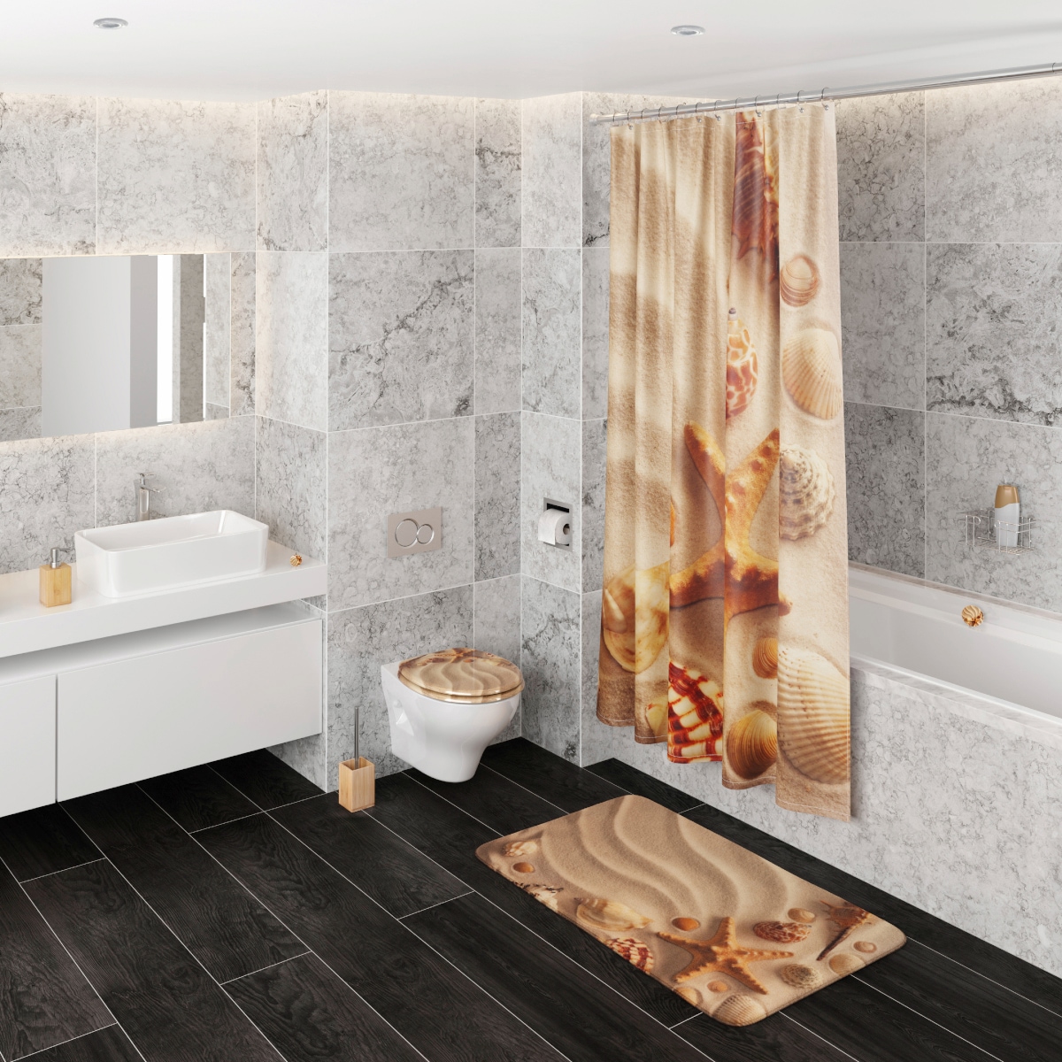 Sanilo Badaccessoire-Set »Sanibel«, (Komplett-Set, 3 tlg.), bestehend aus WC-Sitz, Badteppich und Waschbeckenstöpsel
