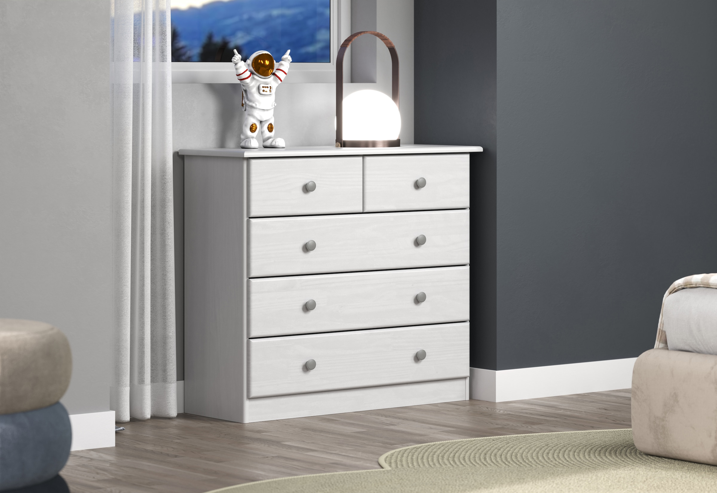 Home affaire Schubkastenkommode »Delsbo Kommode Wäscheschrank Beistellschrank Schrank Bestseller«, (1 St., Landhaus Design aus Kiefernholz), Massivholz Sideboard mit 5 Schubladen - Metall-Knopfgriffe