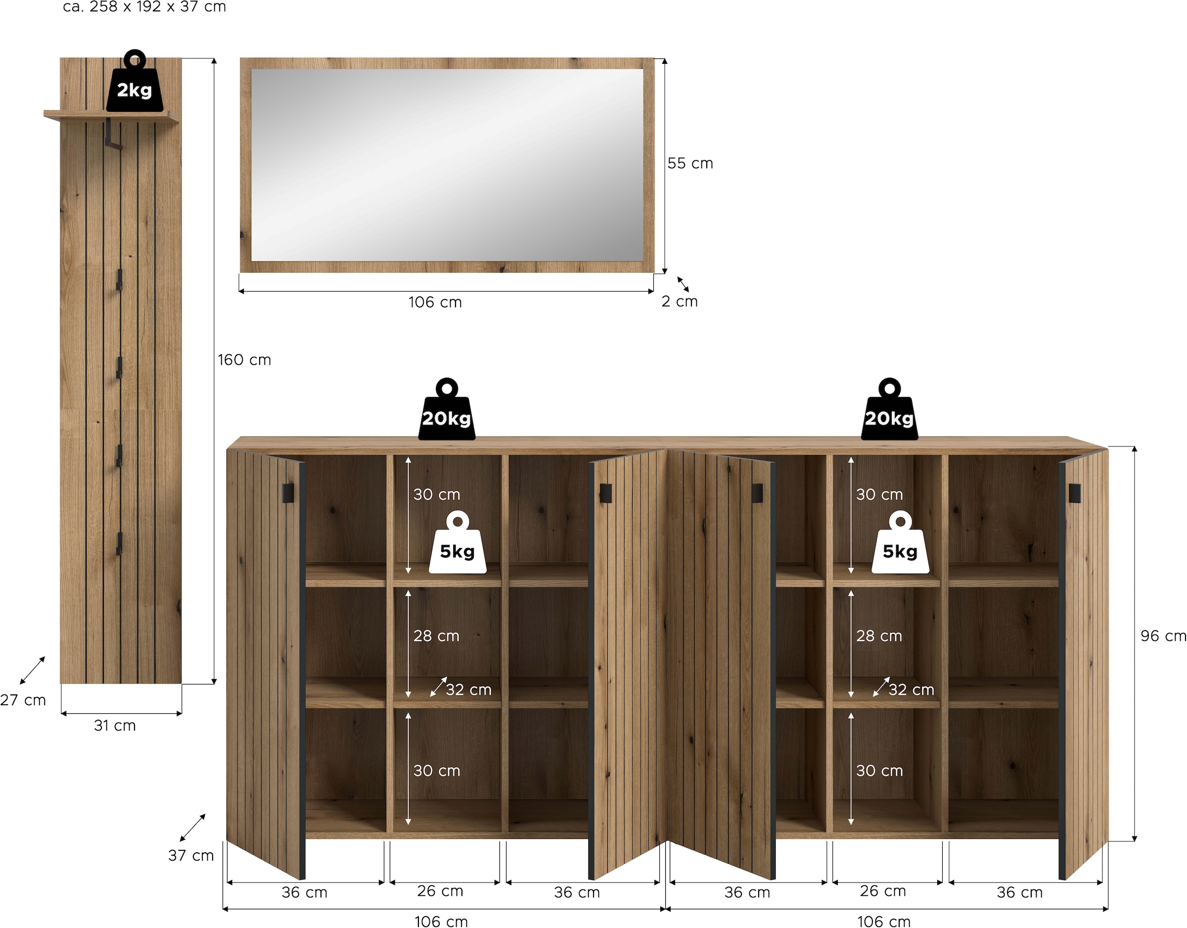 INOSIGN Garderoben-Set »TATIO, 4-tlg. Garderobenkombination, Breite: 258 cm, Rillenfräsung« Set, Set, best. aus: 1 Spiegel, 1 Garderobenpaneel, 2 Schuhkommoden, 4 Stk. tlg.