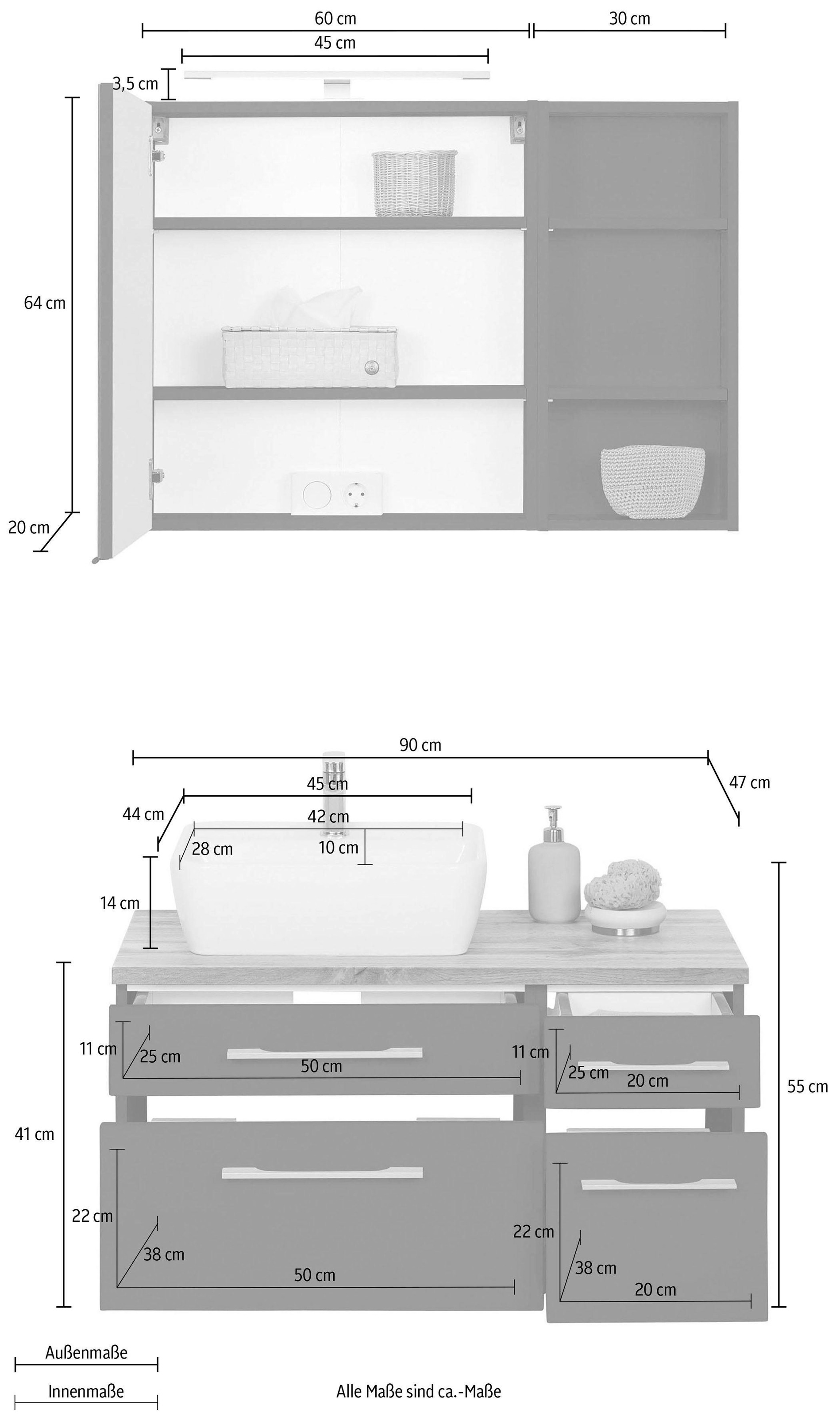 welltime Badmöbel-Set »Davos«, (3 St.), Breite 50 cm, mit eckigem Waschbecken