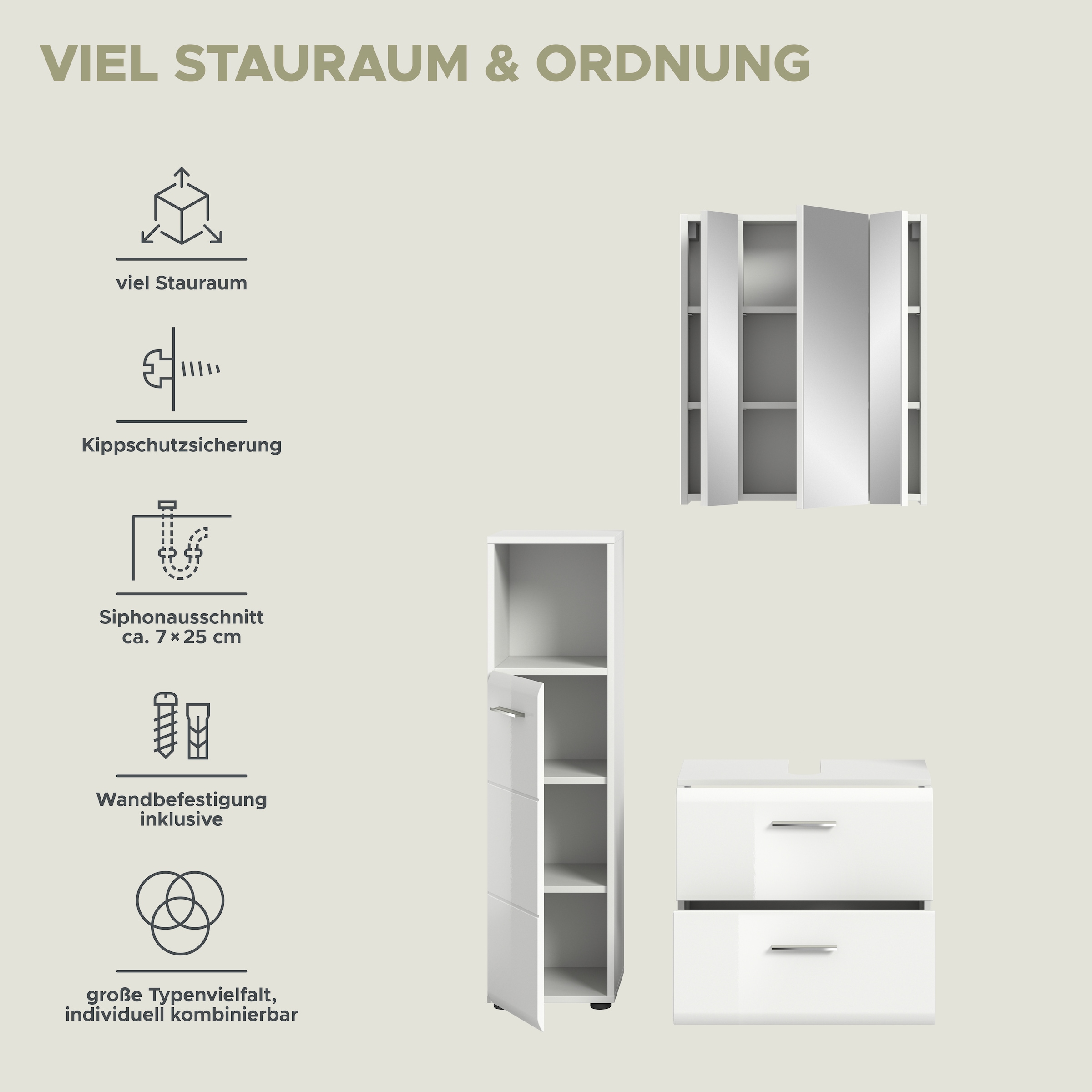 INOSIGN Badmöbel-Set »FLORENZ, TOPSELLER!, 3-teilige Badkombination, hochwertige MDF-Front«, (best. aus: Midischrank hoch, Waschbeckenunterschrank, Spiegelschrank), Bad-Kombination, Bad-Möbel, Badezimmer, Kombination, Kombi