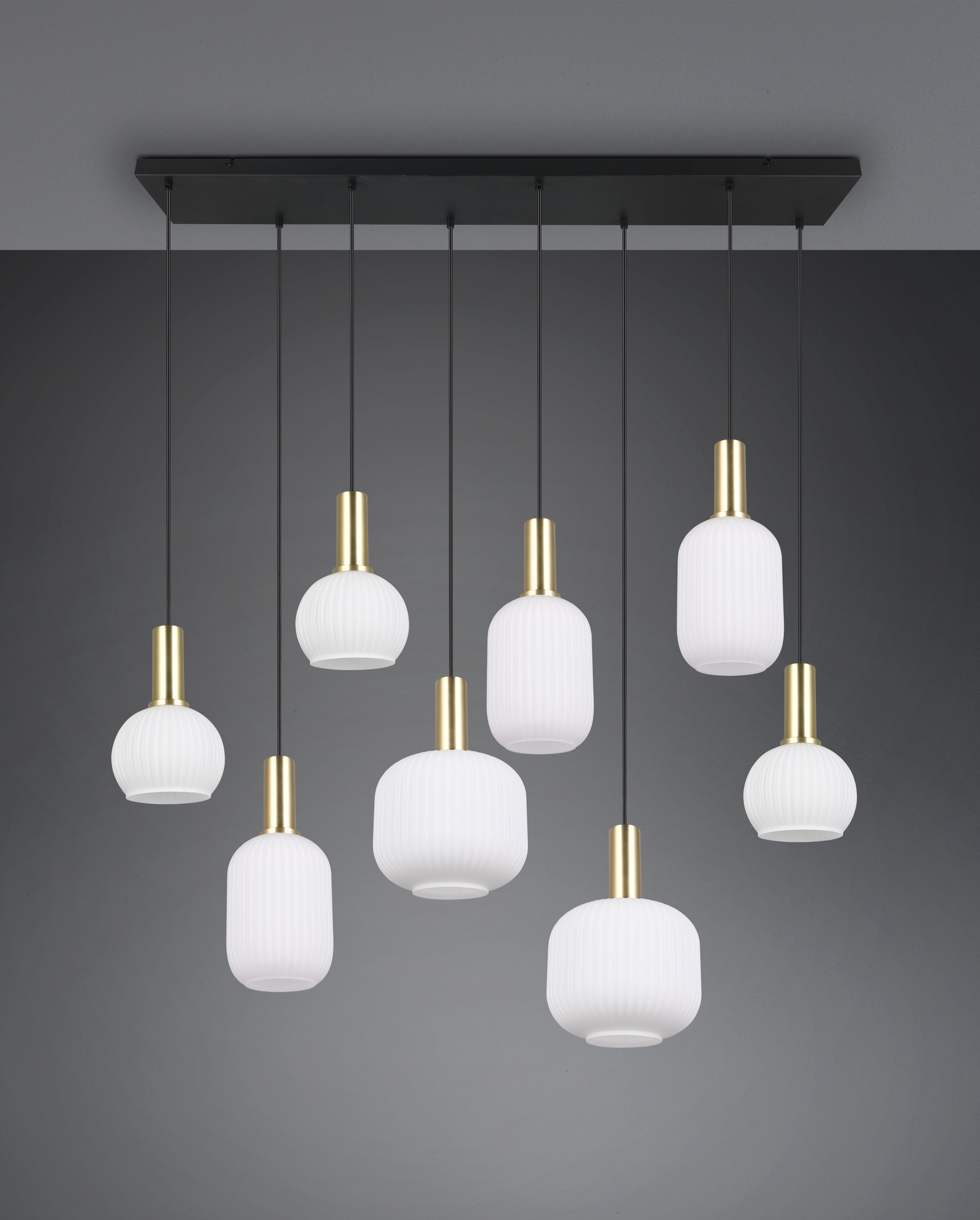 TRIO Leuchten Pendelleuchte »DIVA, E27 Hängelampe 8-flammig mit Glasschirm, exkl 8xE27 max 10W«, 8 flammig, Leuchtmittel E27 | Leuchtmittel wechselbar, höhenverstellbar bis max 150cm Hängeleuchte 120x32 cm Wohnzimmer Küche