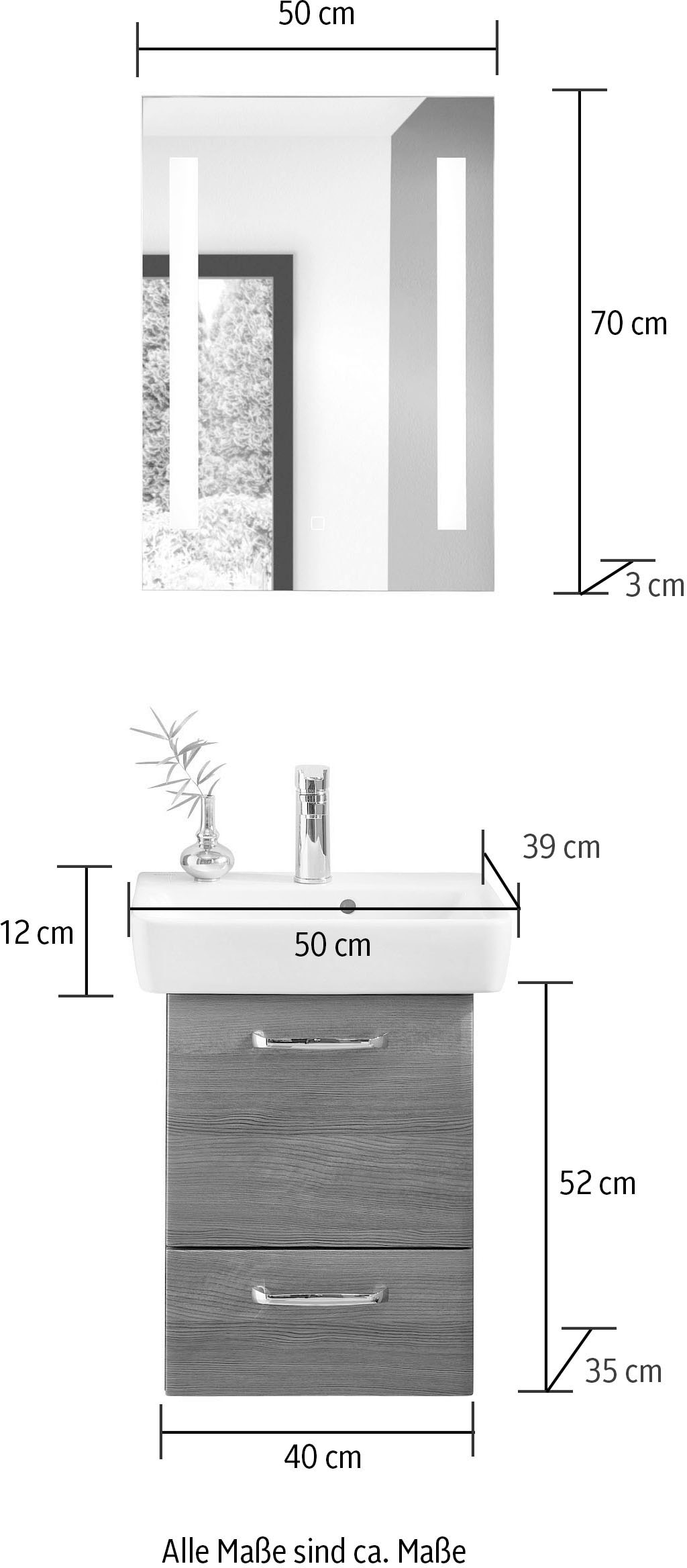 Saphir Badmöbel-Set »Quickset 328 2-teilig, Waschplatz mit Keramik-Waschtisch und Spiegel«, (Set), inkl. Touchsensor, mit Türdämpfern, 1 Tür und 1 Schublade, 50 cm breit