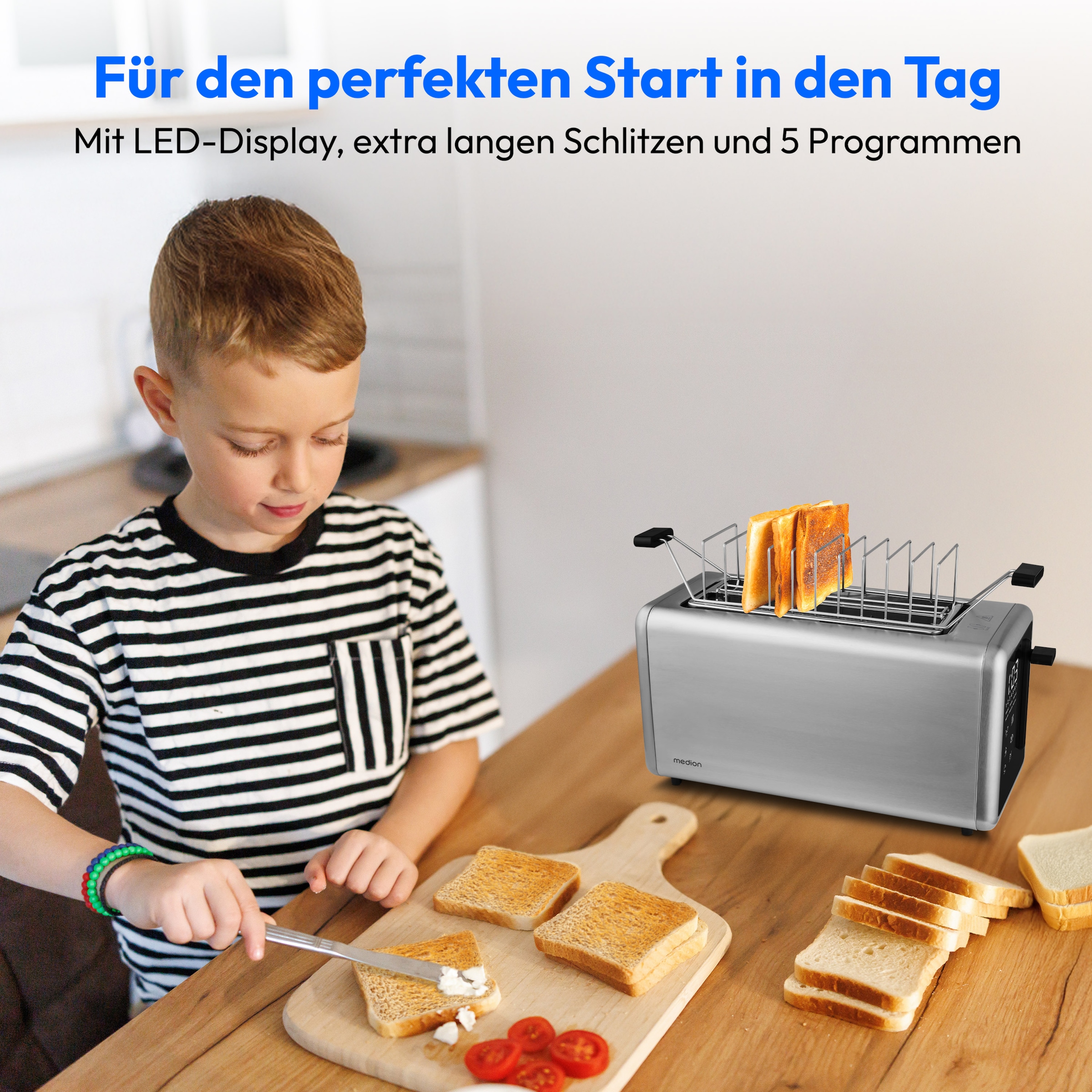 Medion® Toaster »Langschlitztoaster, MD12103, LED Sensor-Touch-Display« 2 lange Schlitze für 4 Scheiben 1450 W abnehmbarer Brötchenaufsatz