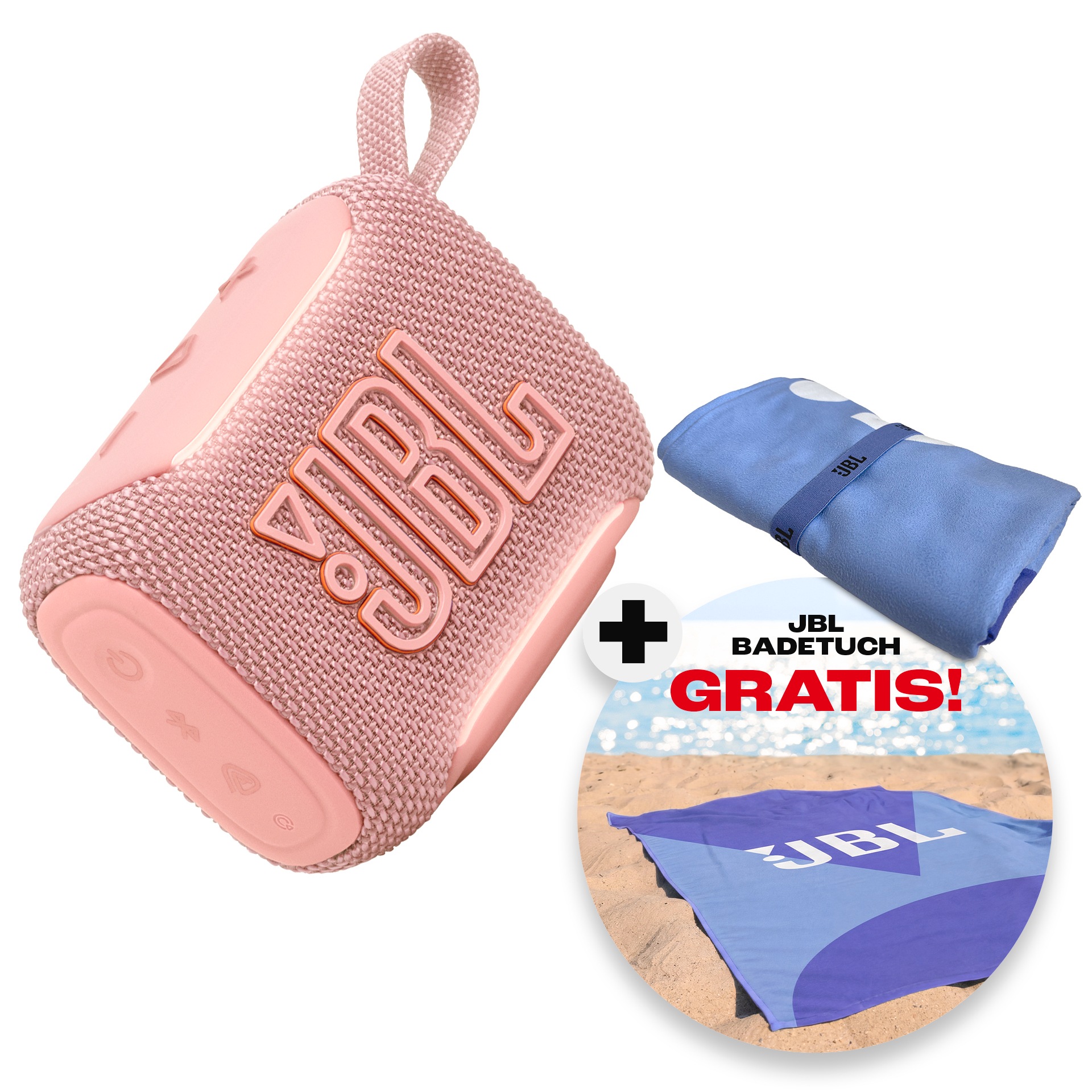 JBL Bluetooth-Lautsprecher »Set: GO 5 purple + Strandtuch« (A2DP Bluetooth | AVRCP Bluetooth | Bluetooth 4,8 W) Kompakter, wasserdichter und stoßfester Lautsprecher mit Strandtuch