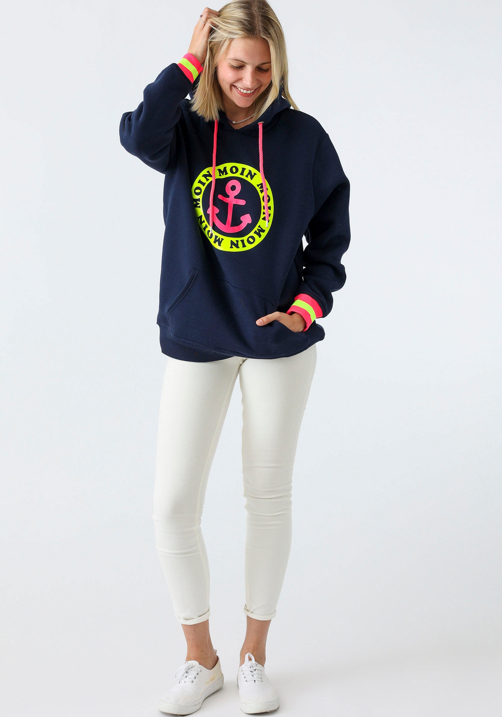Zwillingsherz Hoodie, mit Aufschrift Moin und Anker in Neonfarben