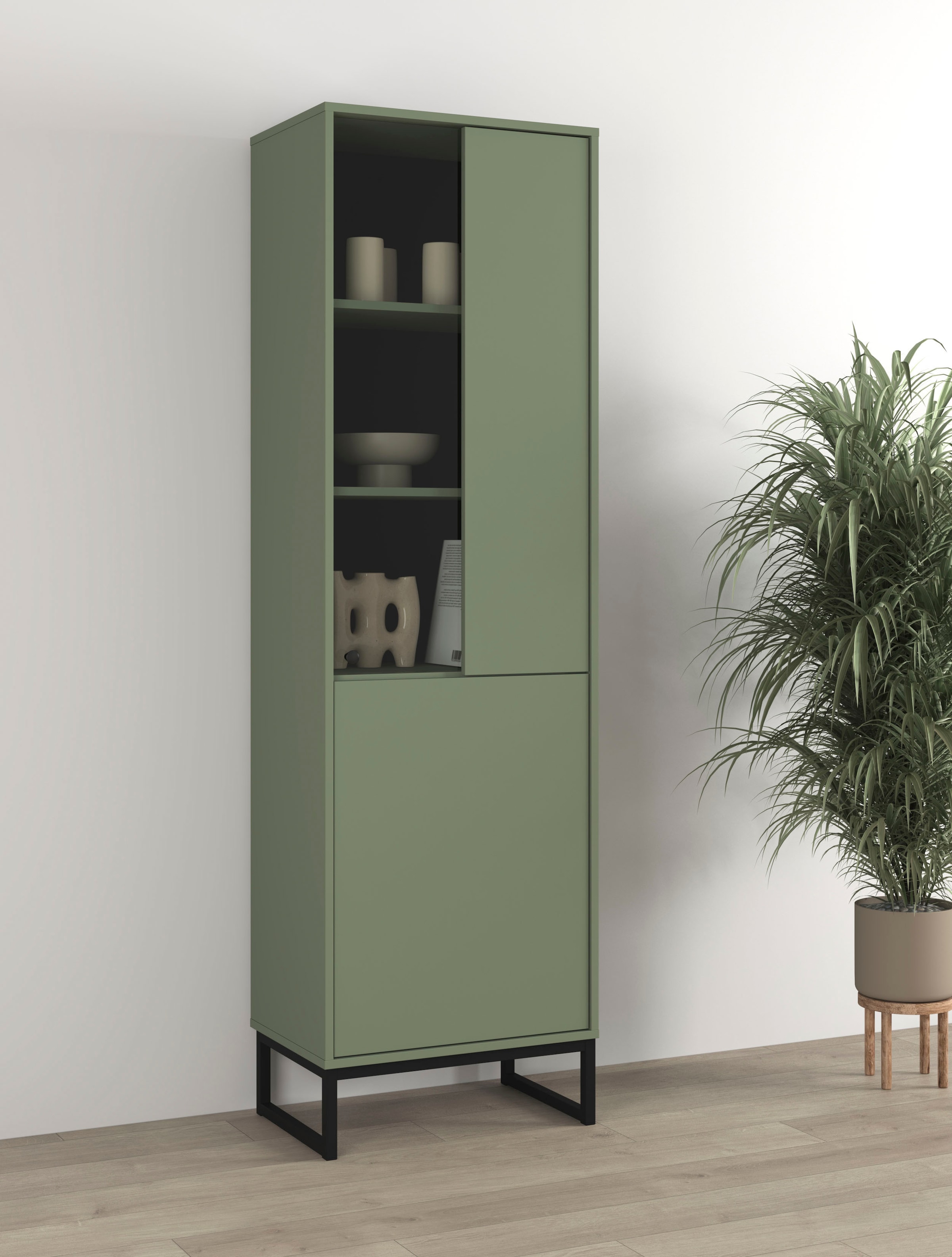 OTTO home Vitrine »Loft, Höhe 180 cm, moderne Standvitrine mit 2 Türen, Metallkufen« Hochschrank mit viel Stauraum, Glastür und verstellbaren Einlegeböden