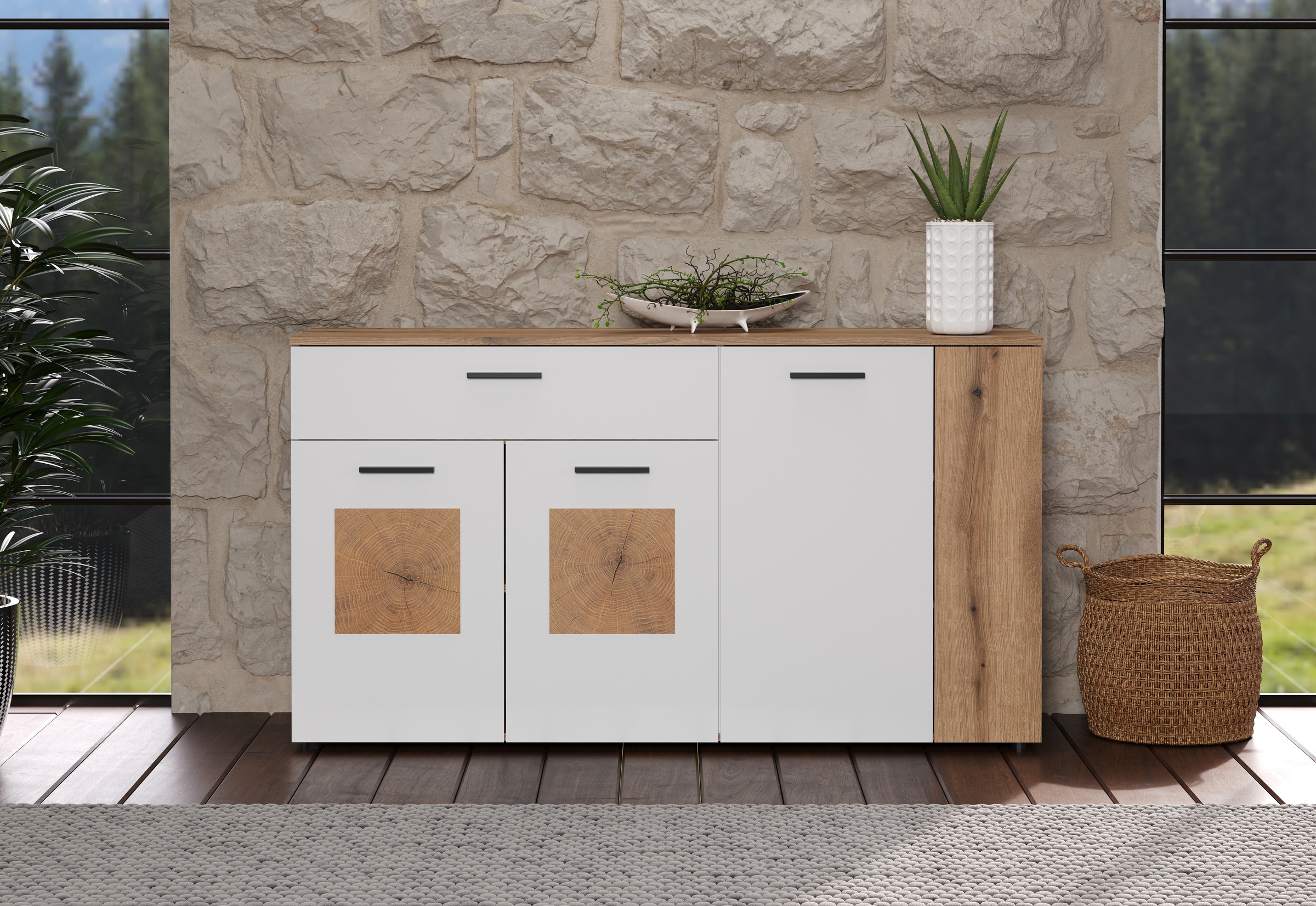 INOSIGN Sideboard »Linz«, (1 St.), Kommode mit Hirnholzapplikationen - Schrank (B/T/H) 150/42/83 cm