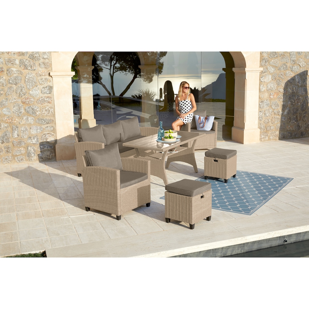 KONIFERA Gartenlounge-Set »Amsterdam«, (Set, 16 tlg., 1x 3er Sofa, 1x 2 Sessel, 2x Hocker, 1xTisch 144,5x74x67cm,Polyrattan), Stahl, Ablagefläche unter dem Tisch, Diningset, Loungeset