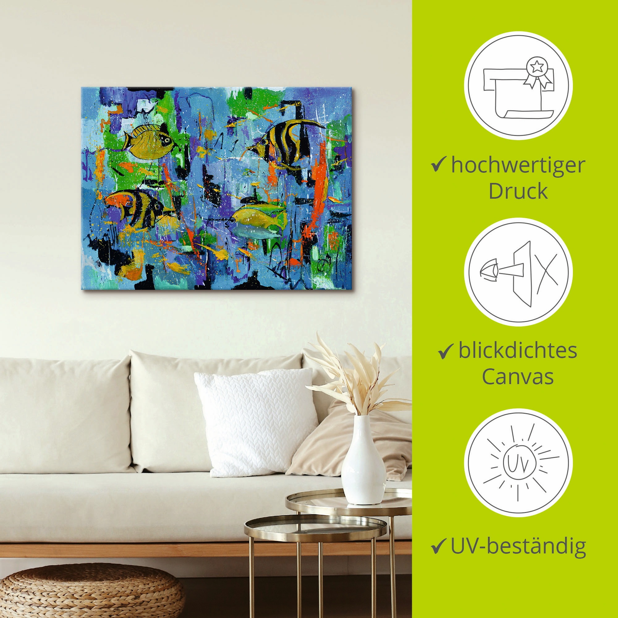 Artland Leinwandbild »Abstrakt Fische Blau«, Wassertiere, (1 St.), auf Keilrahmen gespannt