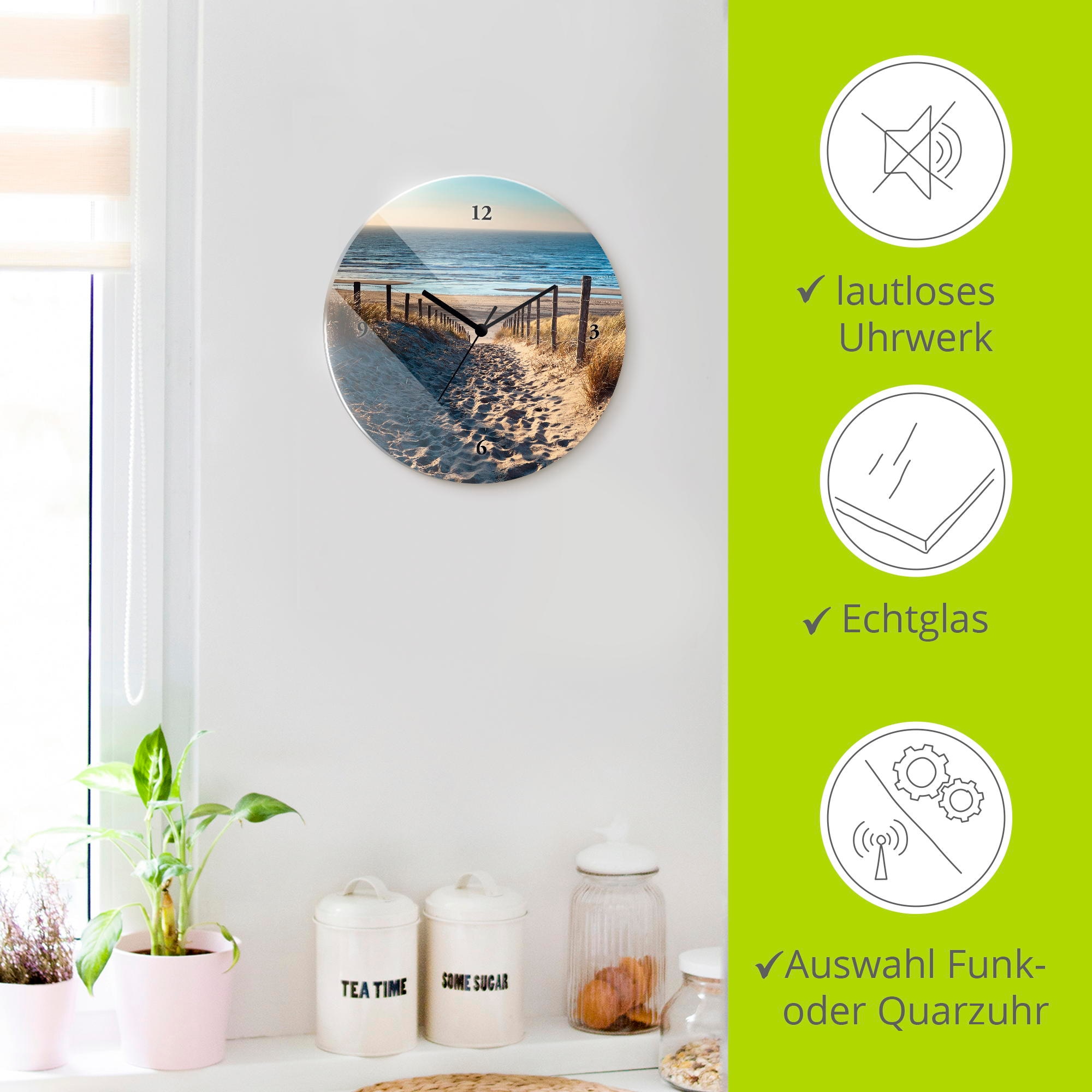 Artland Wanduhr »Weg zum Nordseestrand Sonnenuntergang« wahlweise mit Quarz- oder Funkuhrwerk, lautlos ohne Tickgeräusche