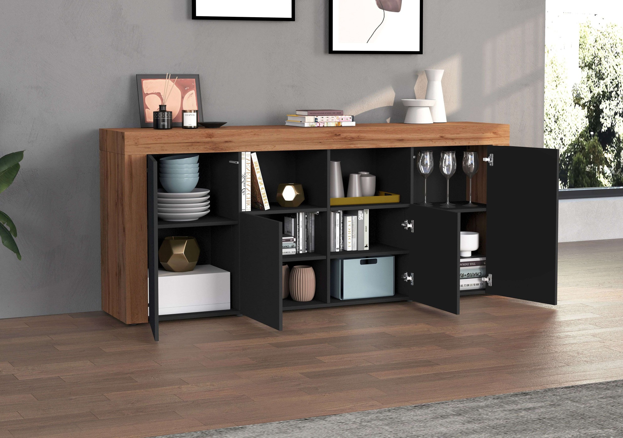 INOSIGN Sideboard »CHRONOS Breite 200 cm mit 4 Türen, 2 offene und 8 geschlossene Fächer«, (1 St.), Sideboard,Kommode, Schrank, Grifflos mit Push to Open, Made in Italy