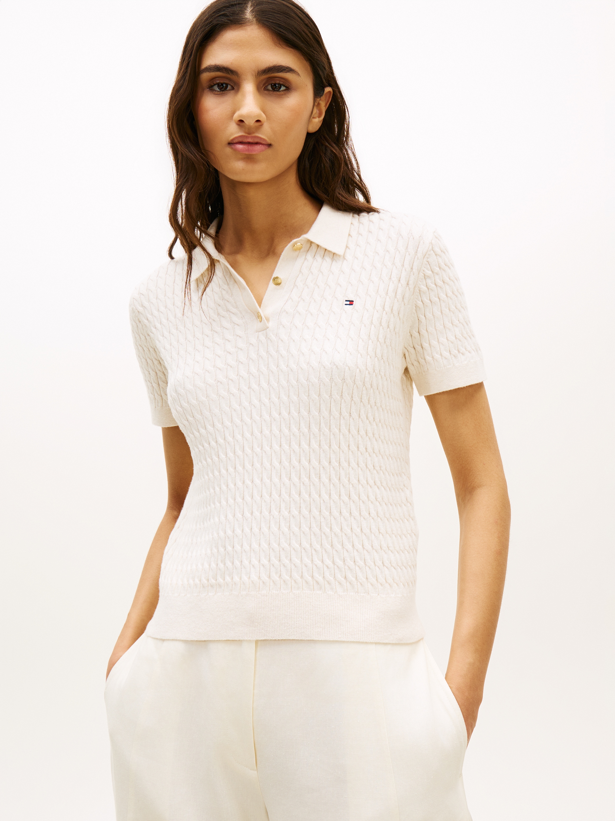 Tommy Hilfiger Poloshirt »CO CABLE POLO-NK SS SWEATER« mit Zopfmuster, Regular Fit