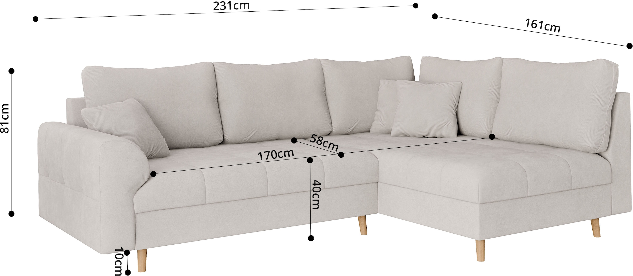 Home affaire Ecksofa »CHARRE L-Form mit Ottomane, Maße B/T/H: 231/161/81 cm«, feine Steppung, lose Rücken- und Zierkissen, auch in Cord und Bouclé
