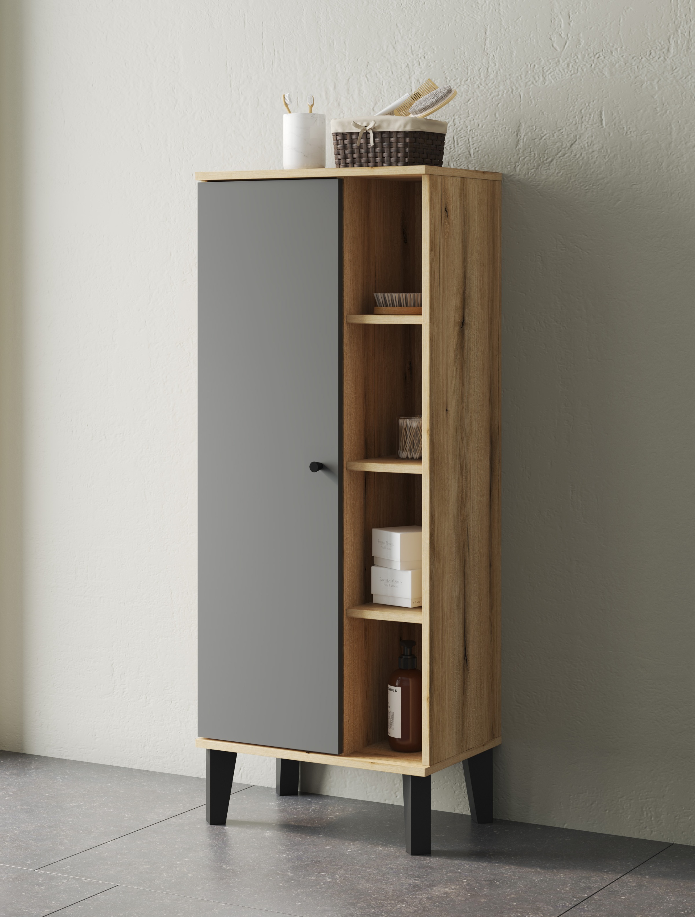 INOSIGN Stauraumschrank »Oslo, Badschrank mit Knopfgriff, Hochschrank im skandinavischen Design«, in der Türfarbe Weiß oder Grau verfügbar, ausreichend Stauraum