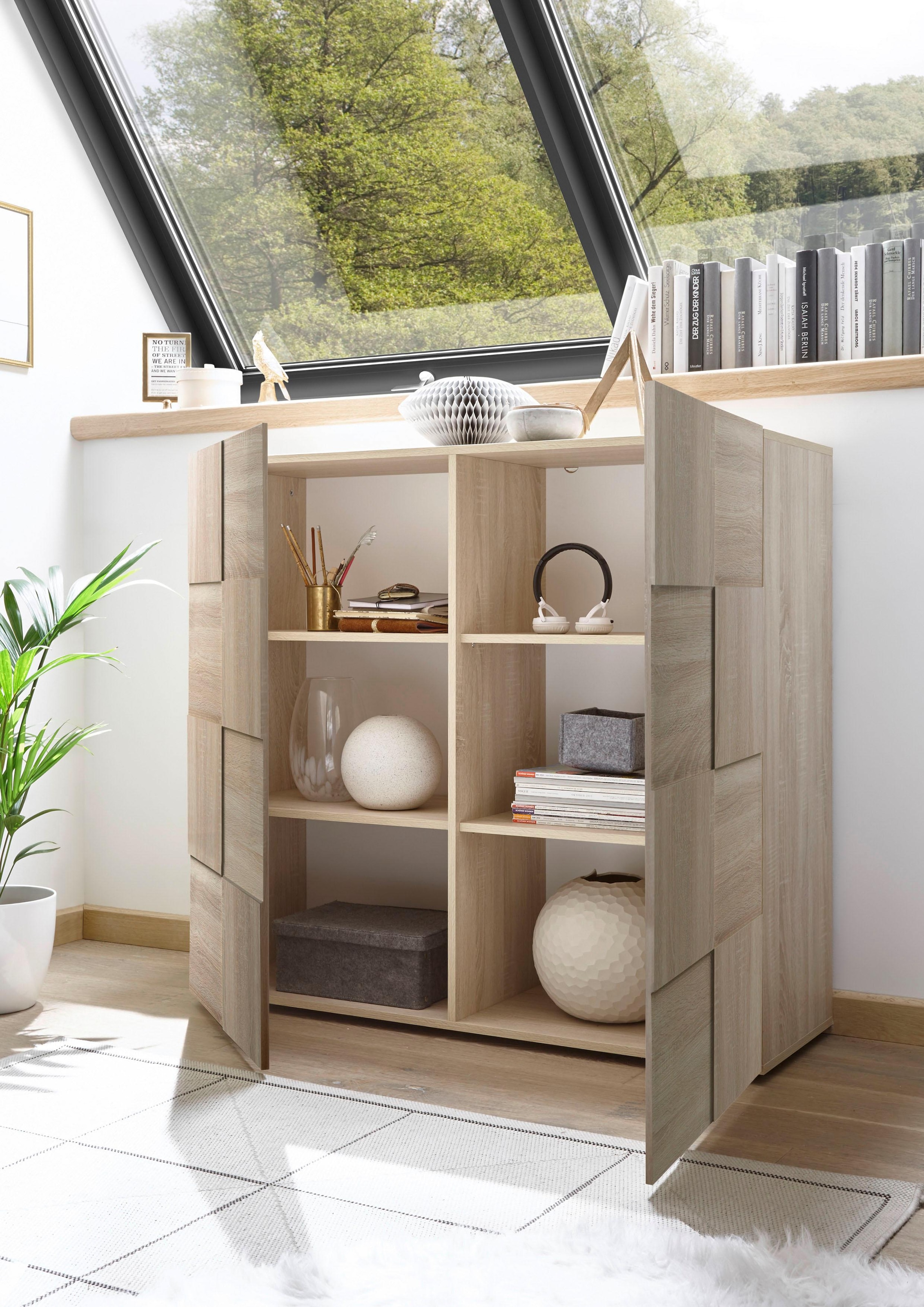 INOSIGN Highboard »Dama Höhe 111 cm, Breite 121 cm, Kommode 2 Türen, Hochkommode«, Front in 3D-Optik, viel Stauraum, verschiedene Farben