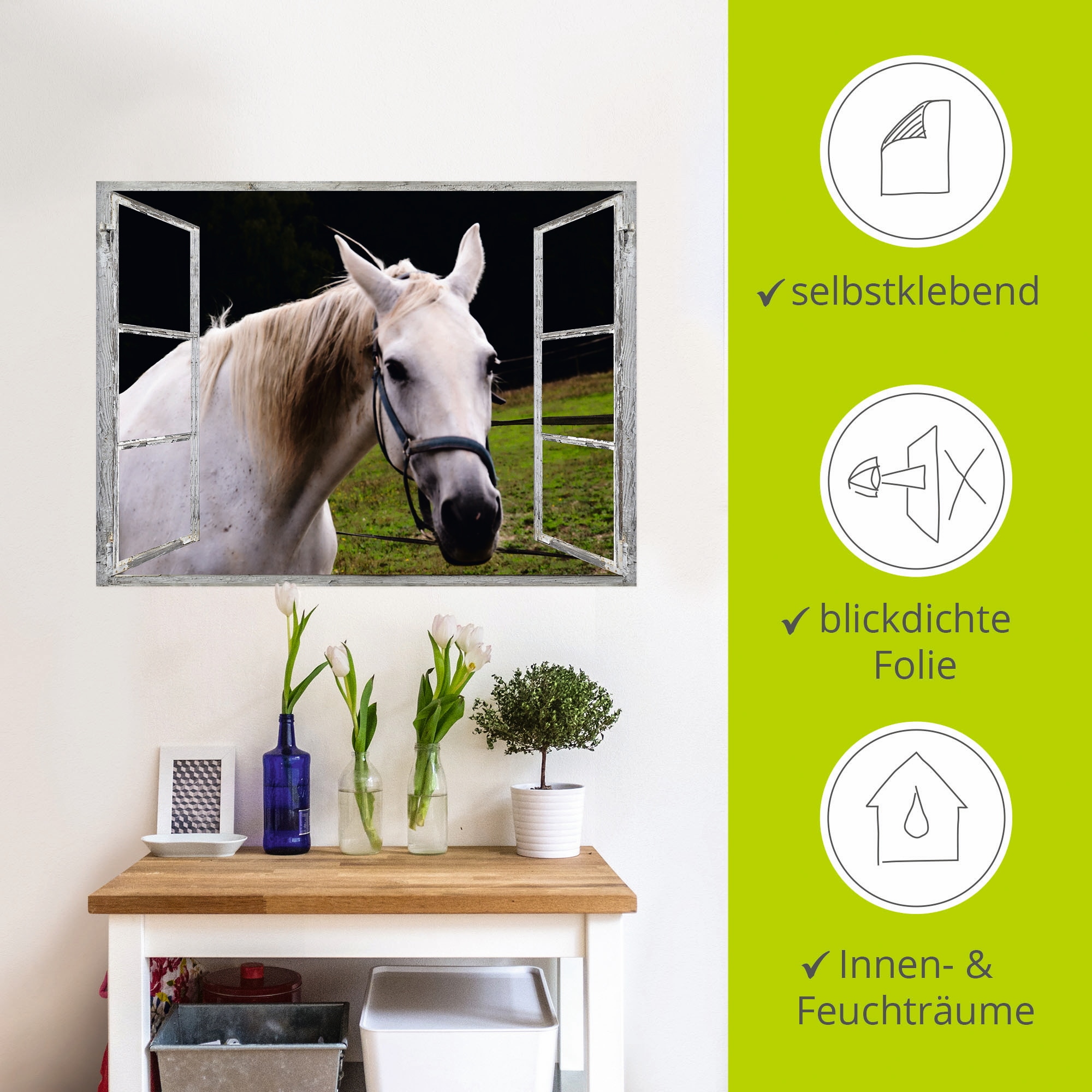 Artland Wandfolie »Fensterblick - weisses Pferd«, Haustiere, (1 St.), selbstklebend