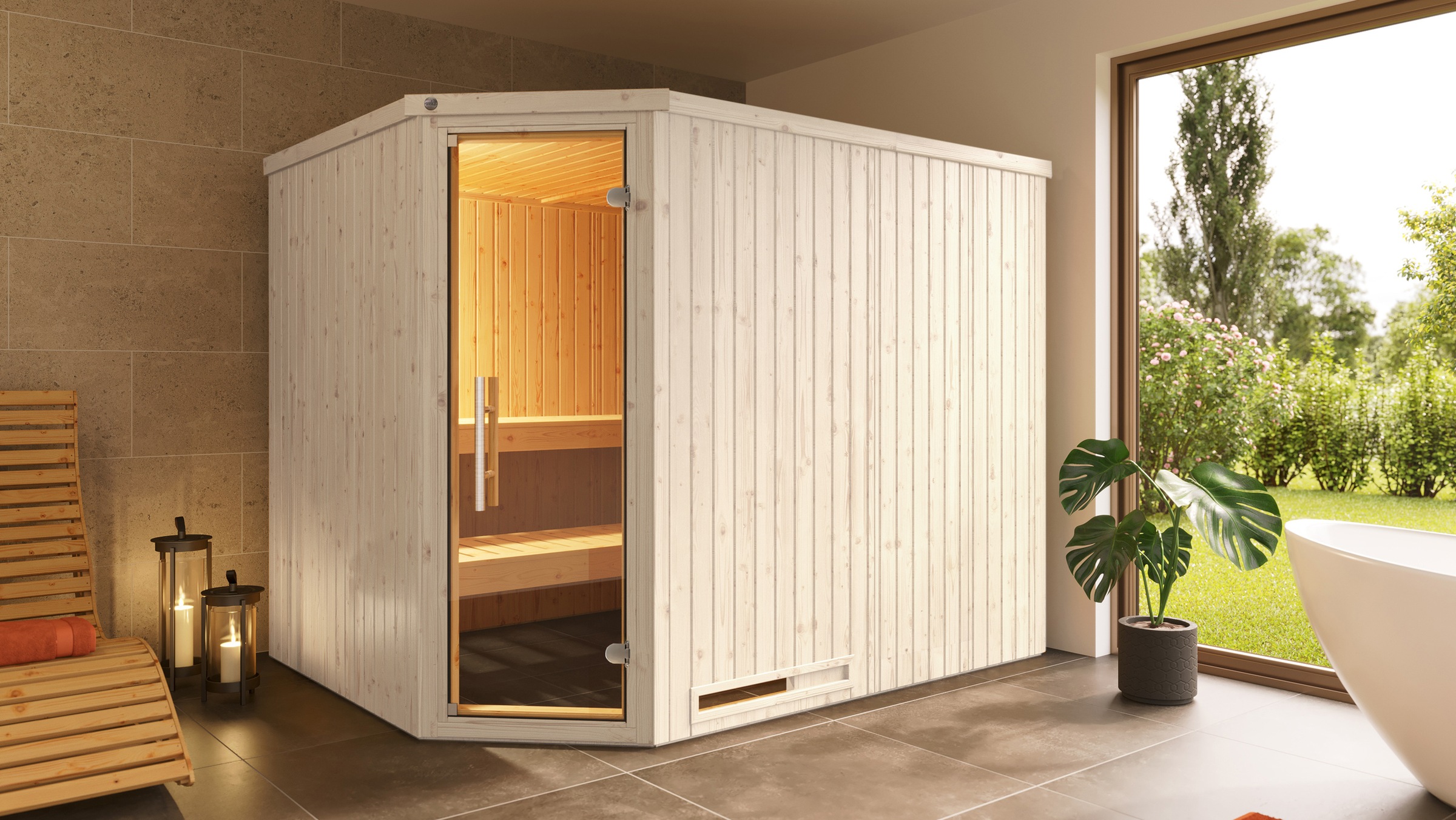weka Sauna »Element-Ecksauna VARBERG 4« vorgefertigte Elemente, moderne Ganzglastür