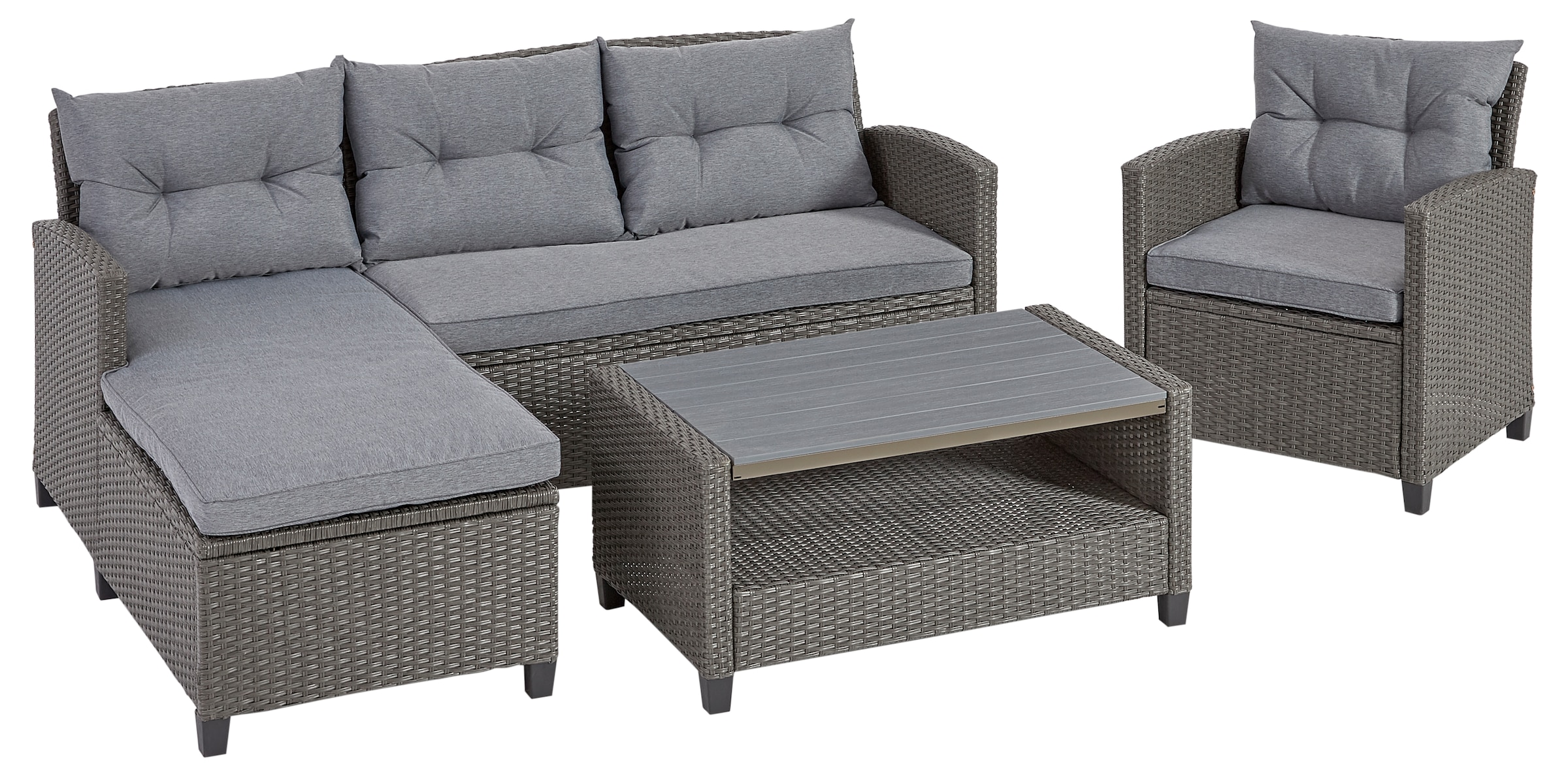 KONIFERA Gartenlounge-Set »Cordoba«, (Set, 11 tlg., 2x Bank, 1x Sessel, 1x Tisch 90x55x43cm, inkl. Auflagen), Polyratten, Stahl, Tischplatte aus Nonwood, geeignet für 4 Personen