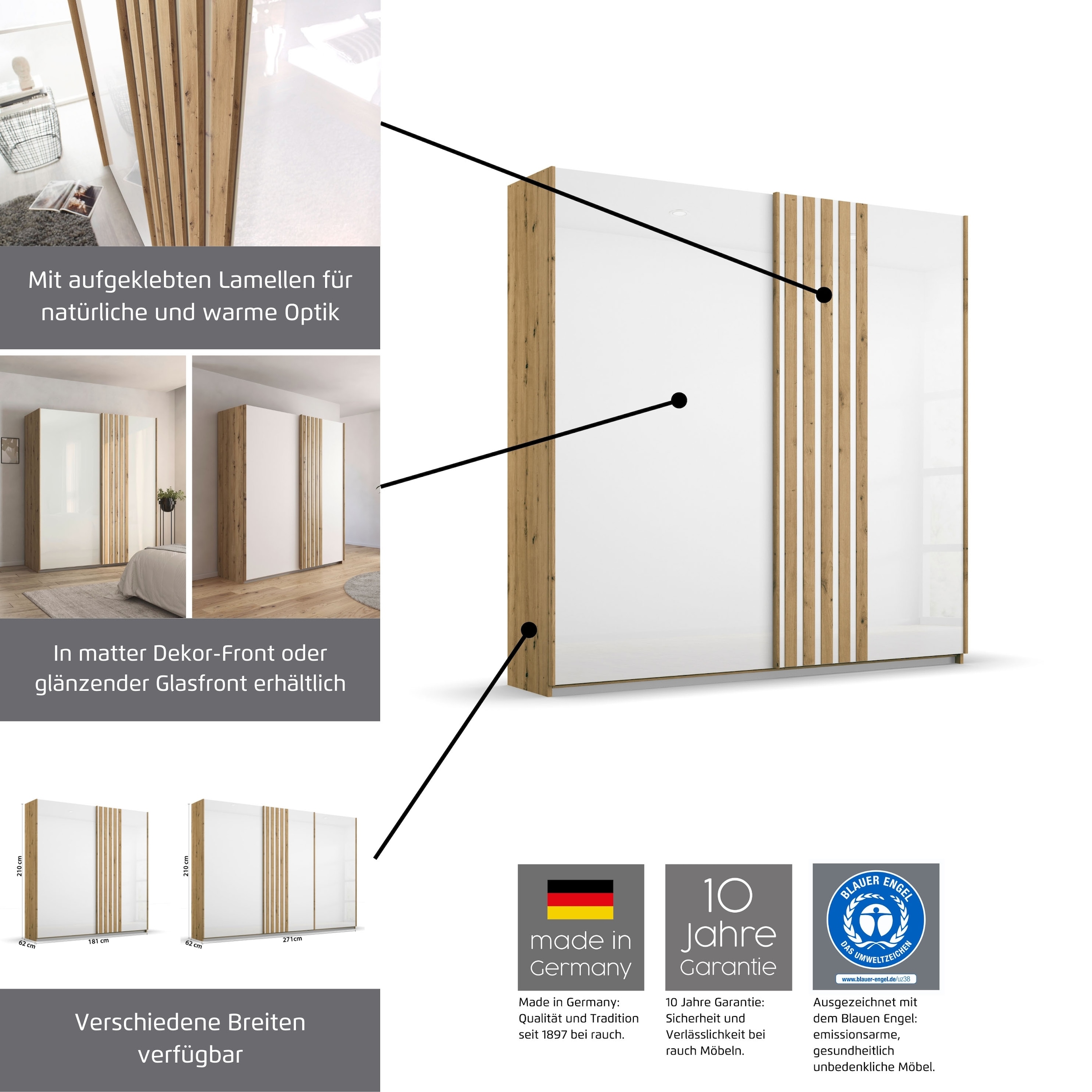 rauch Schwebetürenschrank »Kleiderschrank Schrank Garderobe MOSBACH«, moderne Lamellen-Auflage in 3D Akustikpaneel Optik MADE IN GERMANY