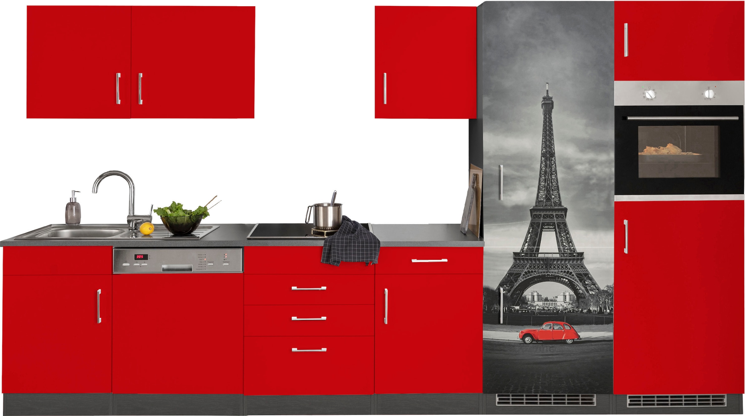 KOCHSTATION Küchenzeile »KS-Paris – Küchen mit einzigartigen Fotomotiven auf den Fronten« Breite 340 cm, wahlweise mit E-Geräten und Induktion