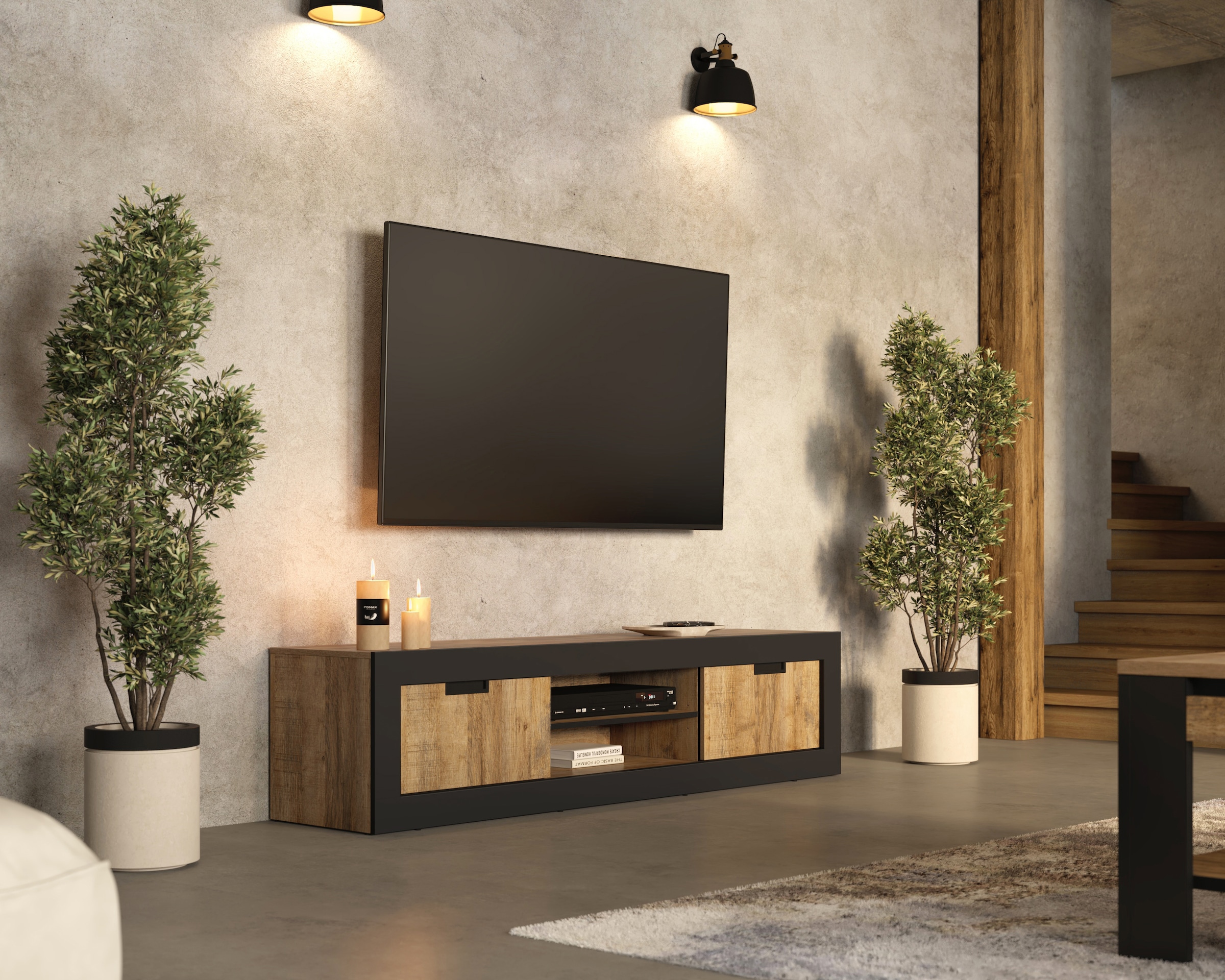 INOSIGN Lowboard »Tudor, Breite 180 cm, moderne TV-Kommode mit 2 Schiebetüren«, TV-Schrank mit viel Stauraum, TV-Board dekorative Rahmenoptik