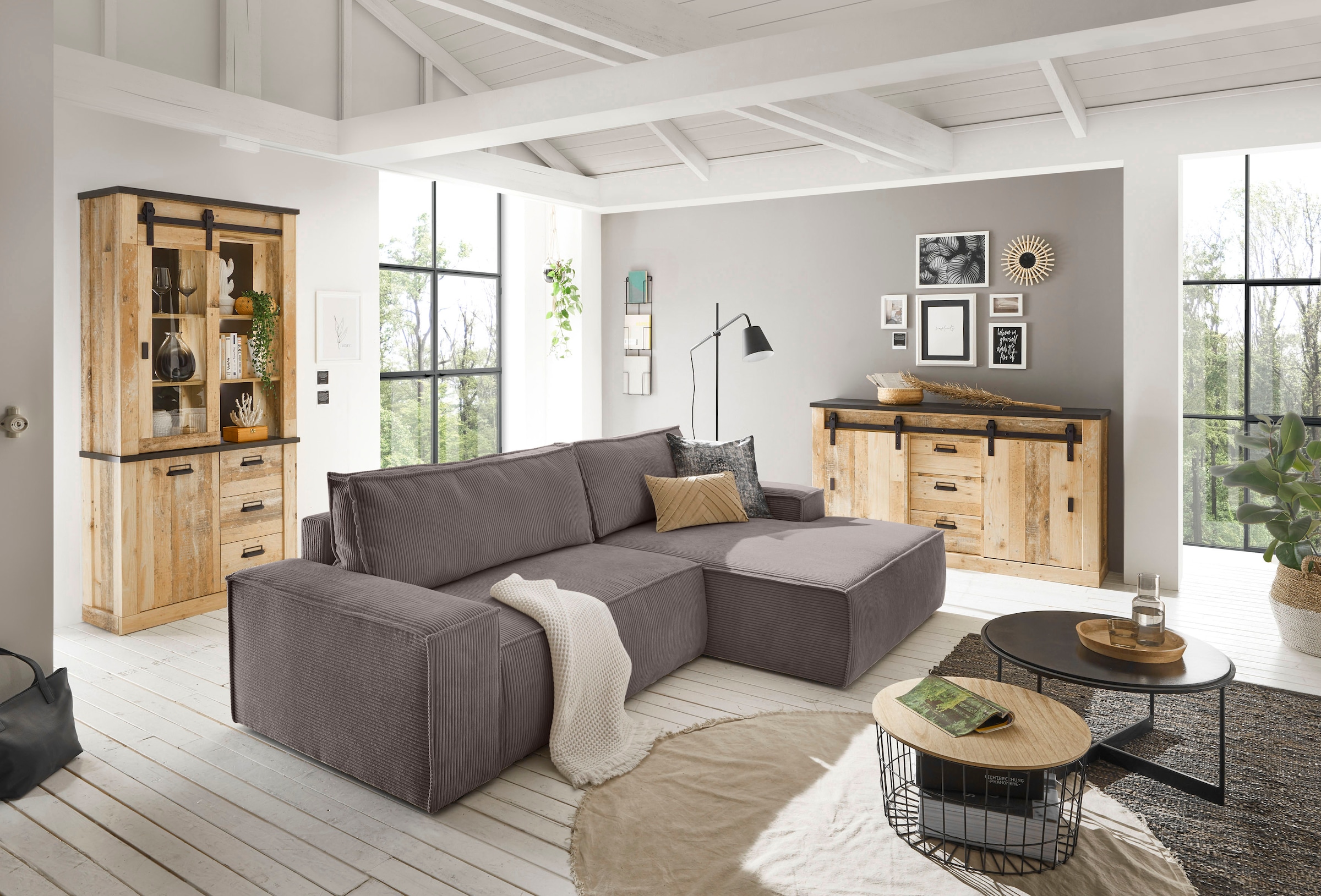 Home affaire Ecksofa »SHERWOOD Schlafsofa 267 cm, L-Form,«, Schlaffunktion mit Bettkasten (210x136 cm), Cord, Vintage, Samtvelours