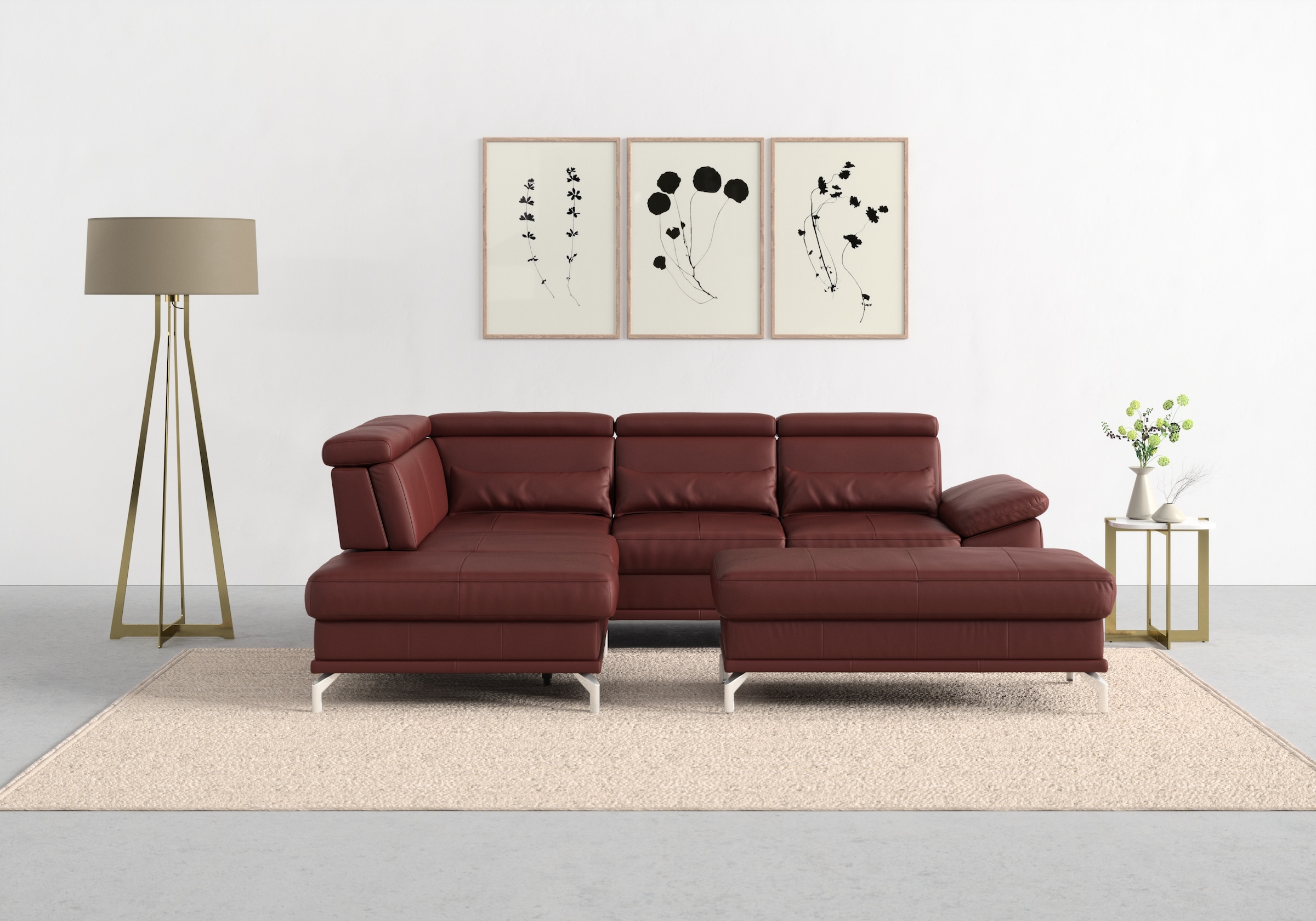 sit&more Ecksofa »Cabrio L-Form, mit Sitztiefenverstellung, Arm- und Kopfteilverstellung«, 3 Nierenkissen, Federkern, optional Bettfunktion und Stauraum